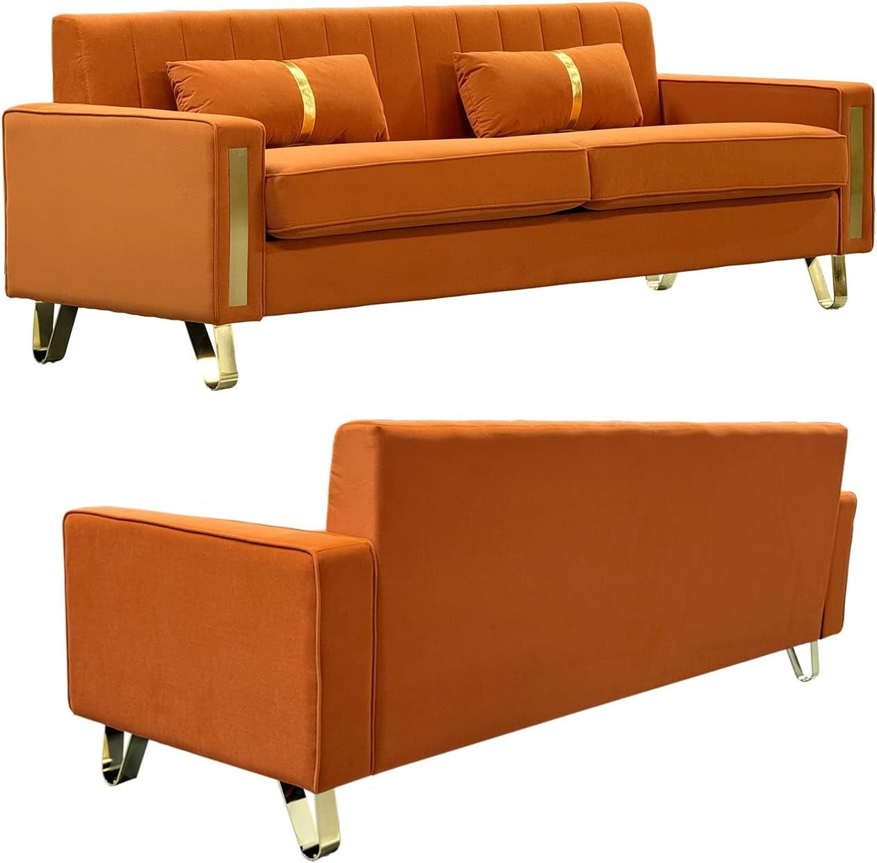 Loveseat Sofa for Living Room Set of 2, 2 Pcs 86" 3-Seater Velvet Sofa Couch with 2 Pillows & Gold Metal Legs, Modern Upholstered Sectional Love Seat Couch Set for Bedroom Apartment Home Office Orange