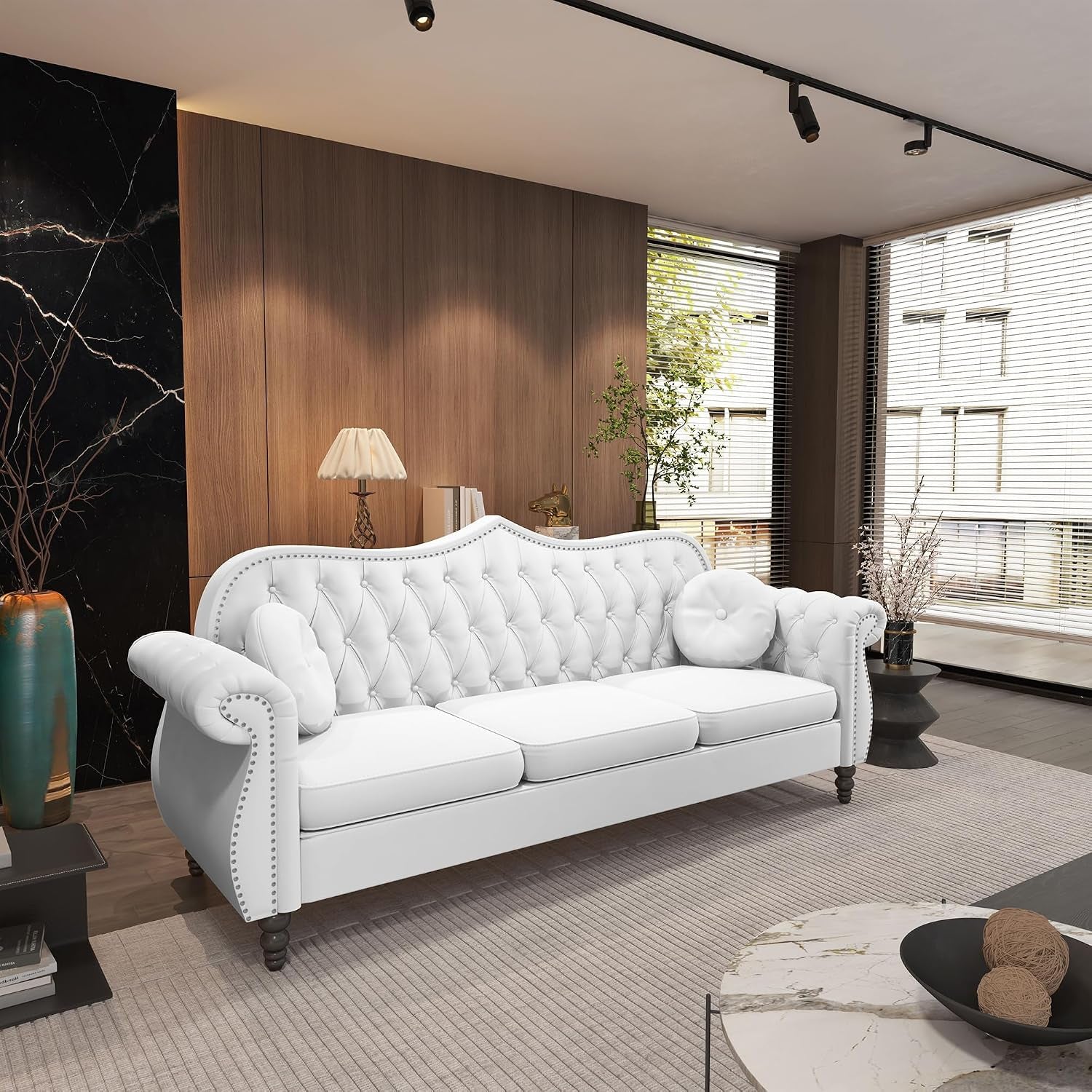 Chesterfield 2-Piece Living Room Sectional Sofa Set, Mid-Century Modern Upholstered Velvet Sofa Couch, Classic Tufted Button Sofa with Nailhead Trim for Living Room, Office (1+3 Seat White)
