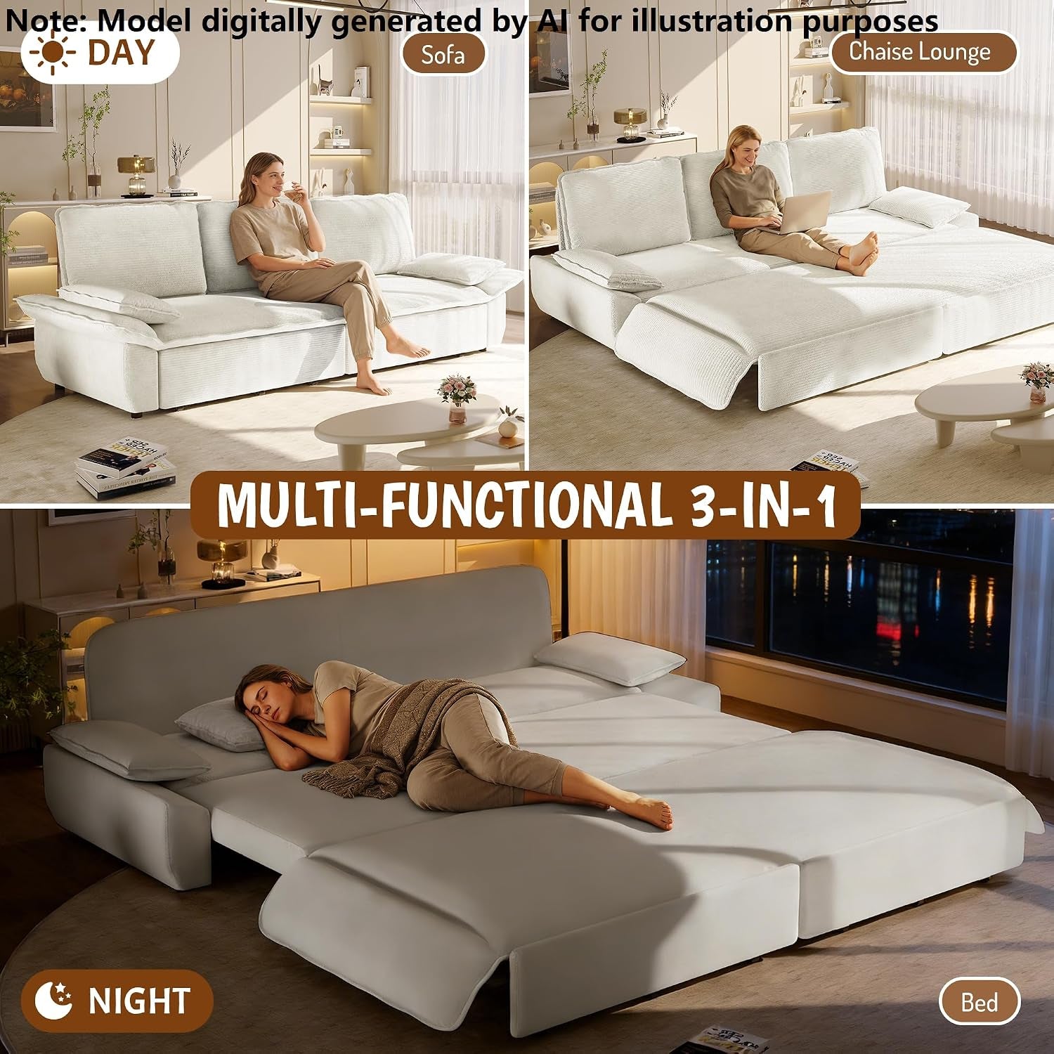 94.5'' King Size Sleeper Sofa Bed, Comfy Corduroy Pull Out Couch, Beige