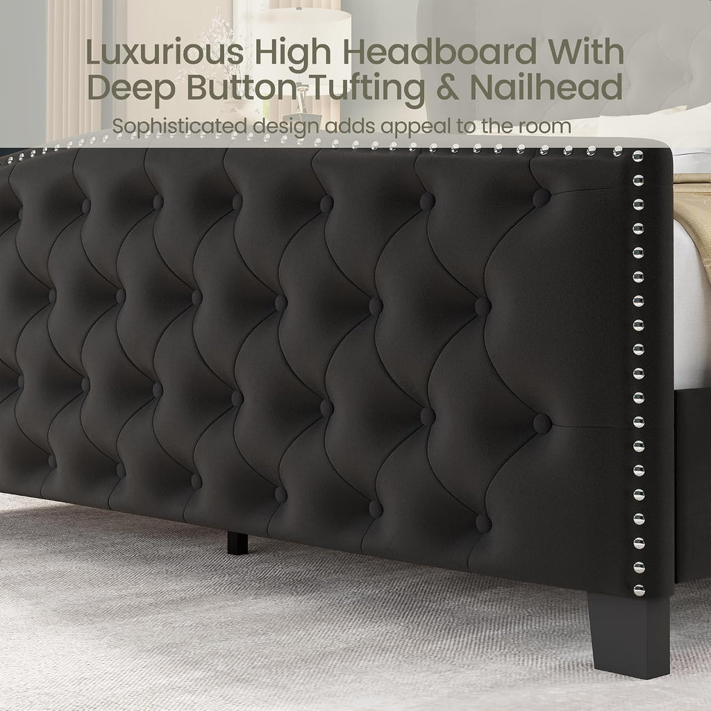 Queen Size Bed Frame Velvet Upholstered Platform Bed with Wingback Headboard & Footbaord, Deep Button Tufted Bed Frame with Wood Slats Support, No Box Spring Needed, Black