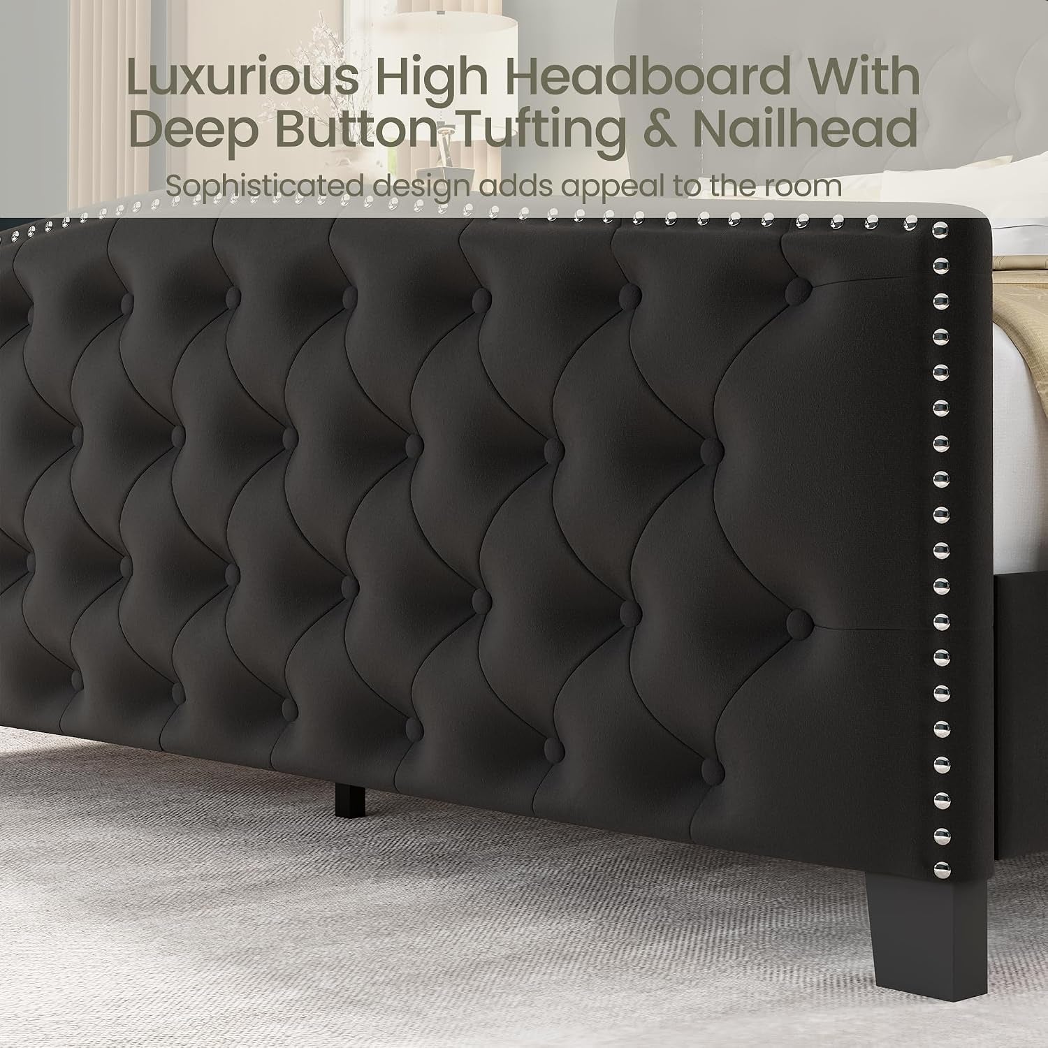 Queen Size Bed Frame Velvet Upholstered Platform Bed with Wingback Headboard & Footbaord, Deep Button Tufted Bed Frame with Wood Slats Support, No Box Spring Needed, Black
