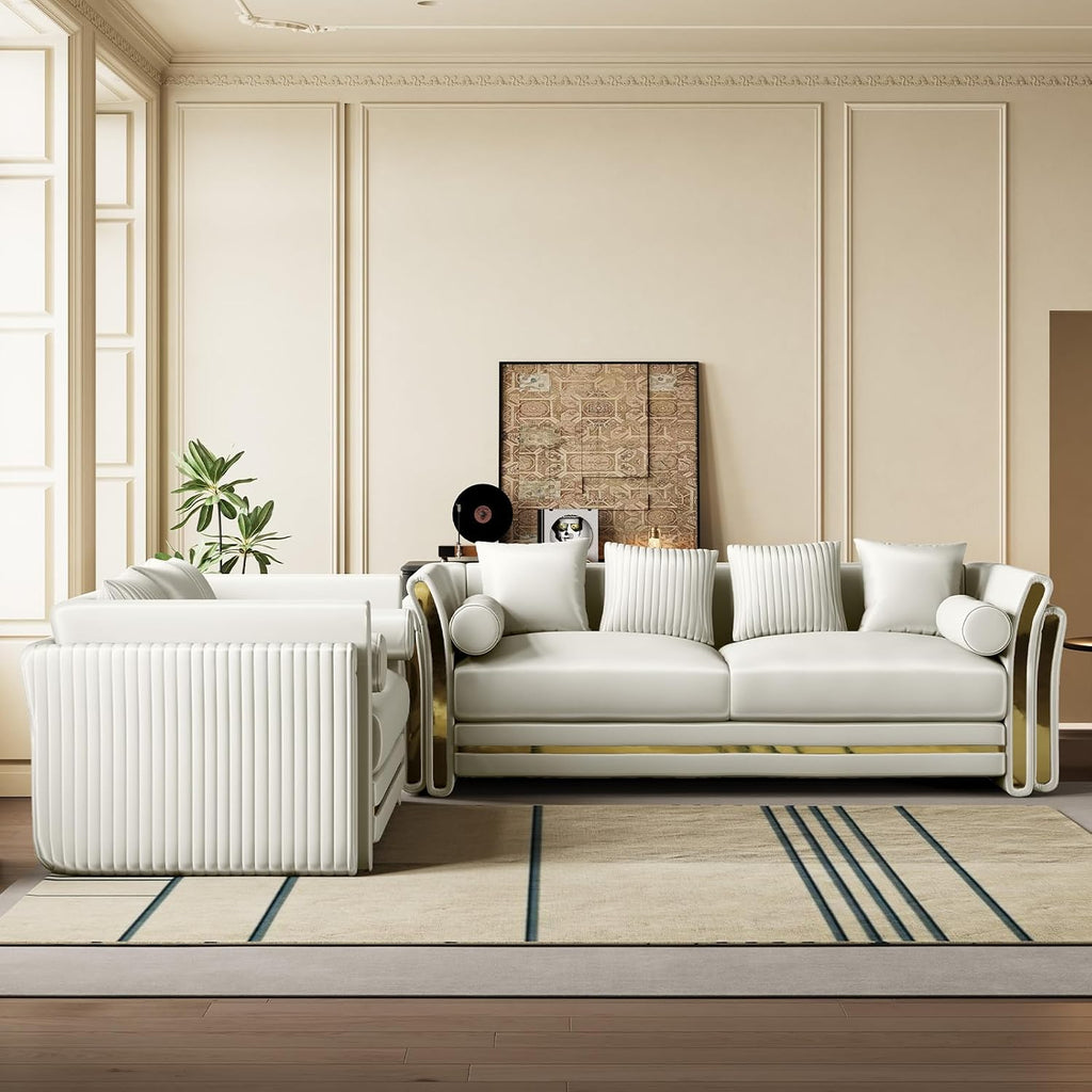 Luxury Chesterfield Loveseat and Sofa Set, Tufted Velvet Gold Couch, White