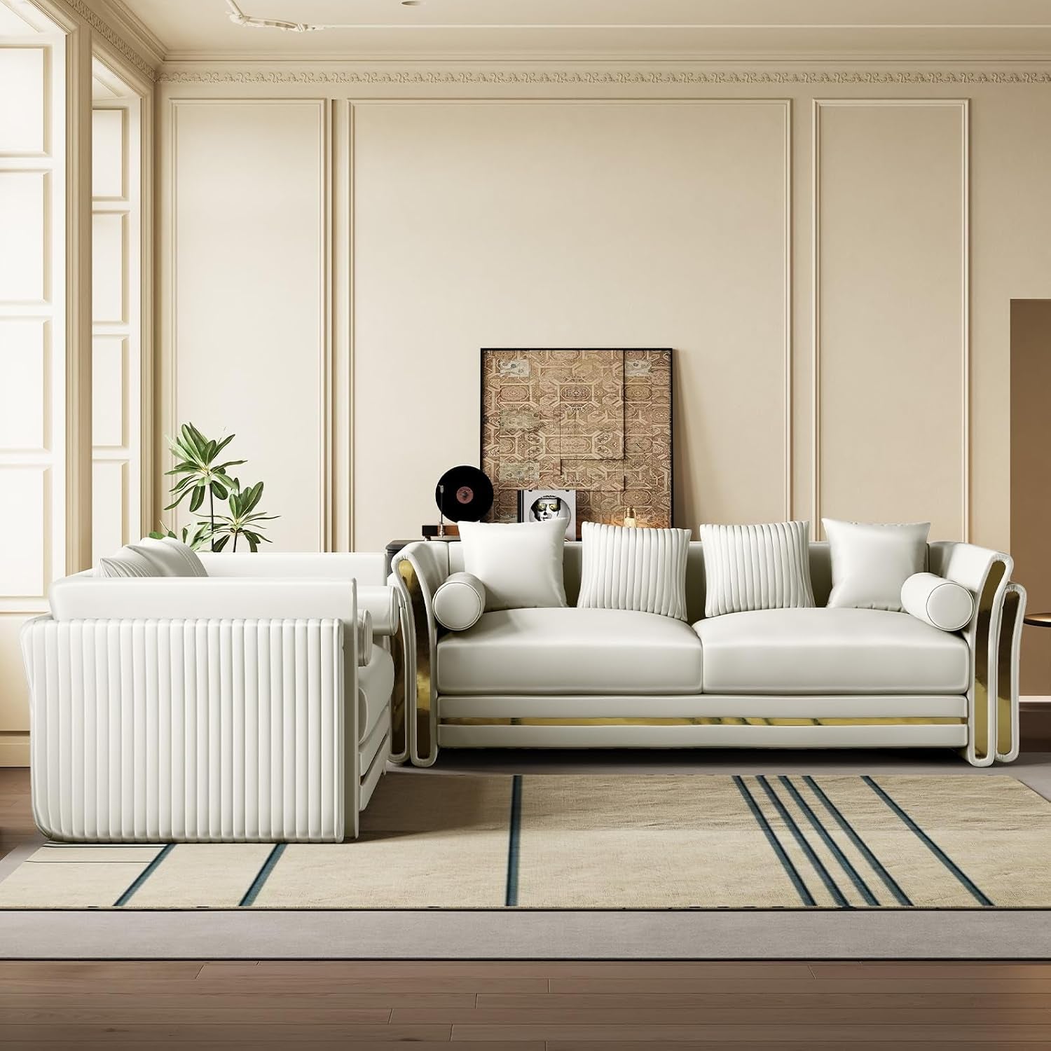 Luxury Chesterfield Loveseat and Sofa Set, Tufted Velvet Gold Couch, White
