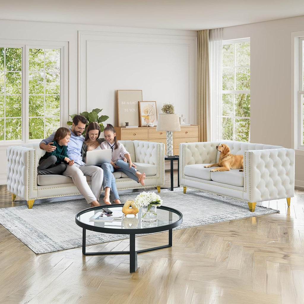 Chesterfield Sofa Set of 2, Modern Velvet Couch with Button Tufted & Nailhead Trim, Upholstered Deep Seat Couch, Comfy Sofa for Living Room, Bedroom, Apartment, Office(58" W + 80.5" W, Beige)