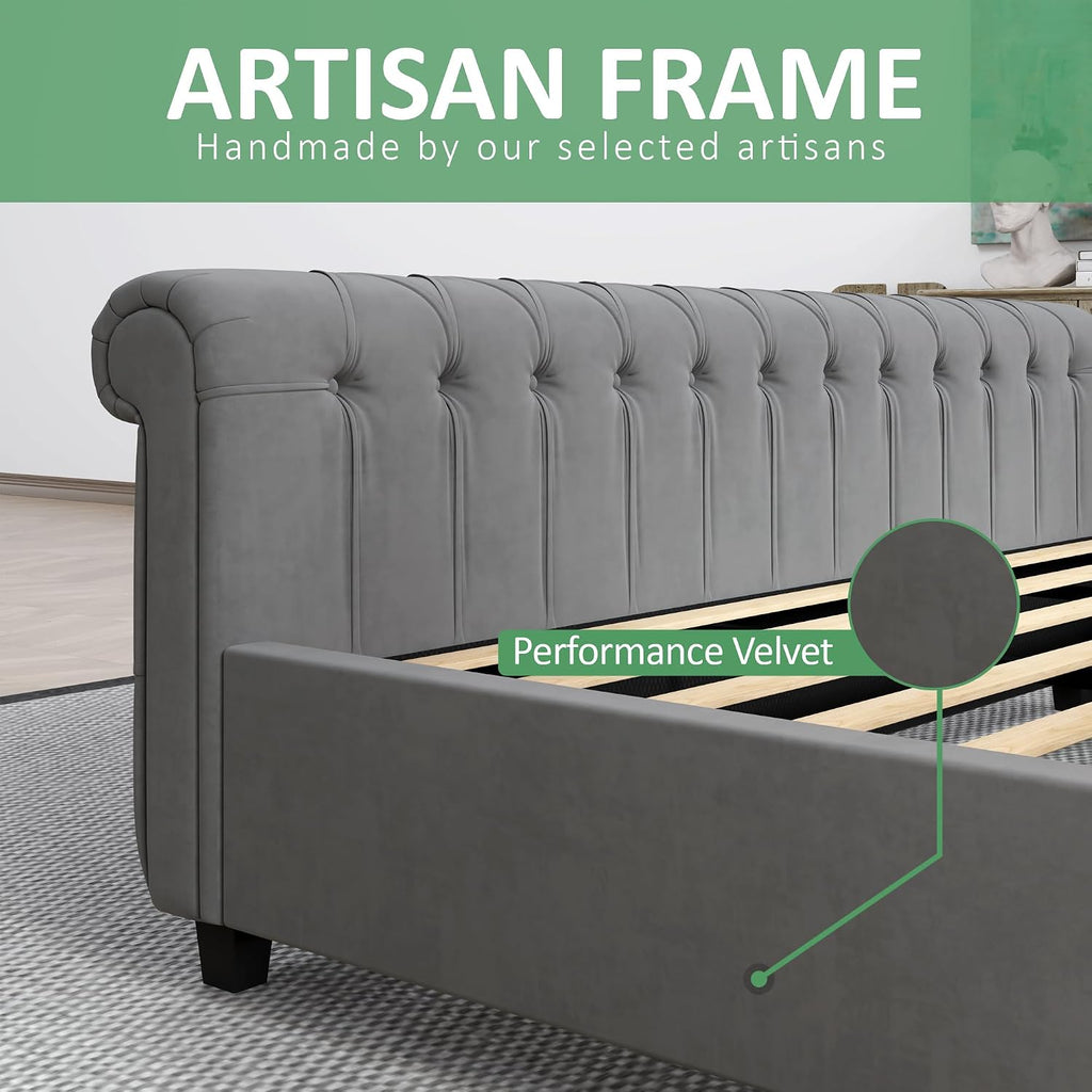 Queen Size Upholstered Sleigh Bed Frame with Wingback Headboard