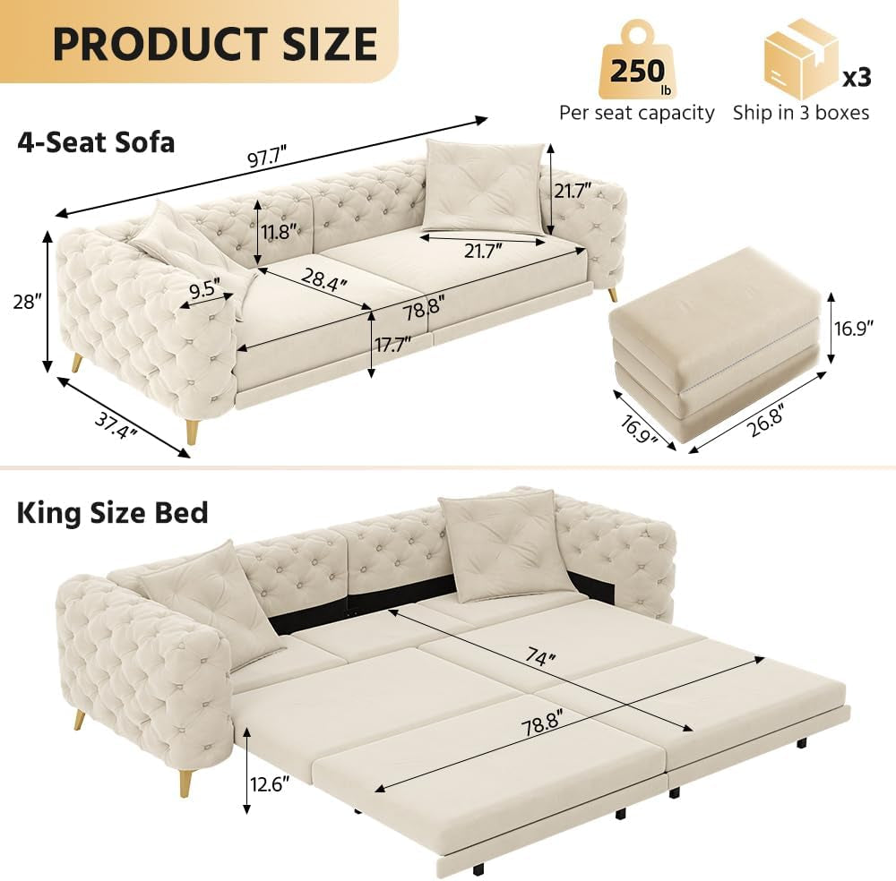 97.7" King Size Sleeper Sofa Bed, 3-In-1 Convertible Pull Out Chesterfield Sleeper Couch with Ottoman, Oversized Velvet Button Tufted L Shaped Sofa for Living Room Small Spaces, Beige White