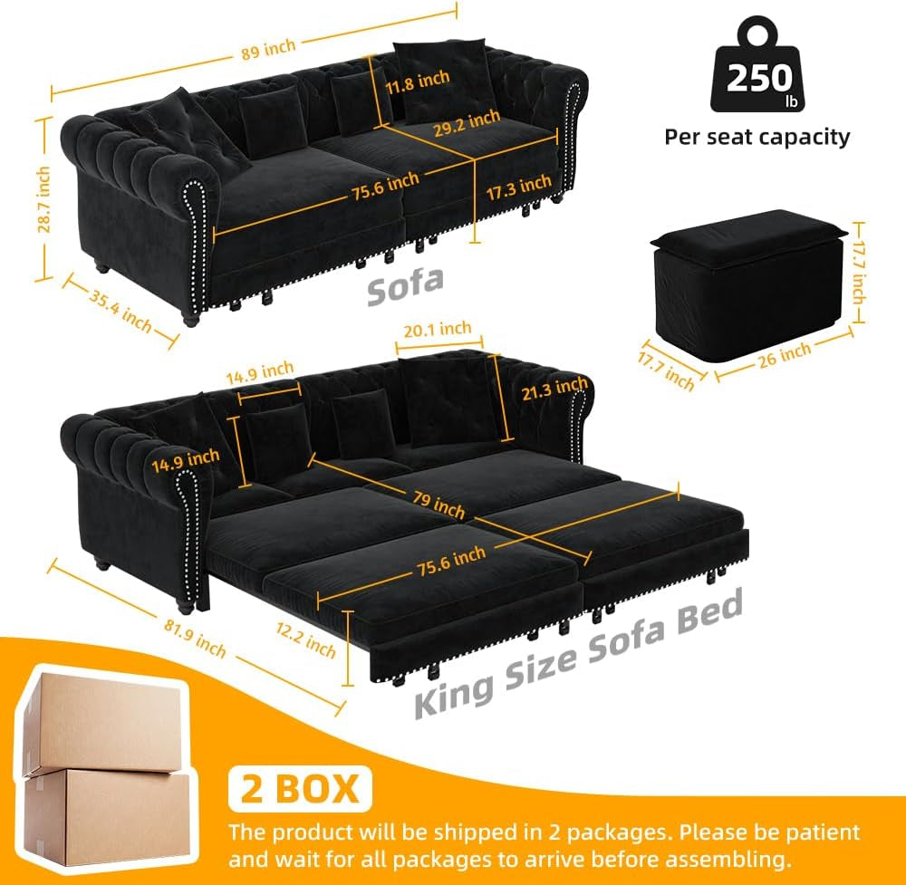 89" King Size Sleeper Sofa Bed, 3-In-1 Convertible Pull Out Chesterfield Sleeper Couch with Ottoman, Oversized Velvet Button Tufted L Shaped Sofa for Living Room Small Spaces (Black)