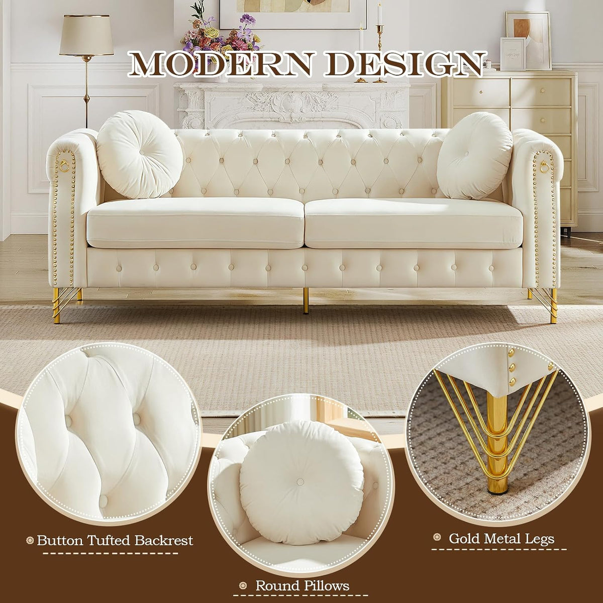 2 Pieces Chesterfield Sofa Set, Velvet Mid Century Modern Couch with Button Tufted & Rivet, Comfy Loveseat Sofa with Armrest Ring & Gold Leg, Cloud 3-Seater Couch for Living Room(60.5"W + 82"W, Beige)