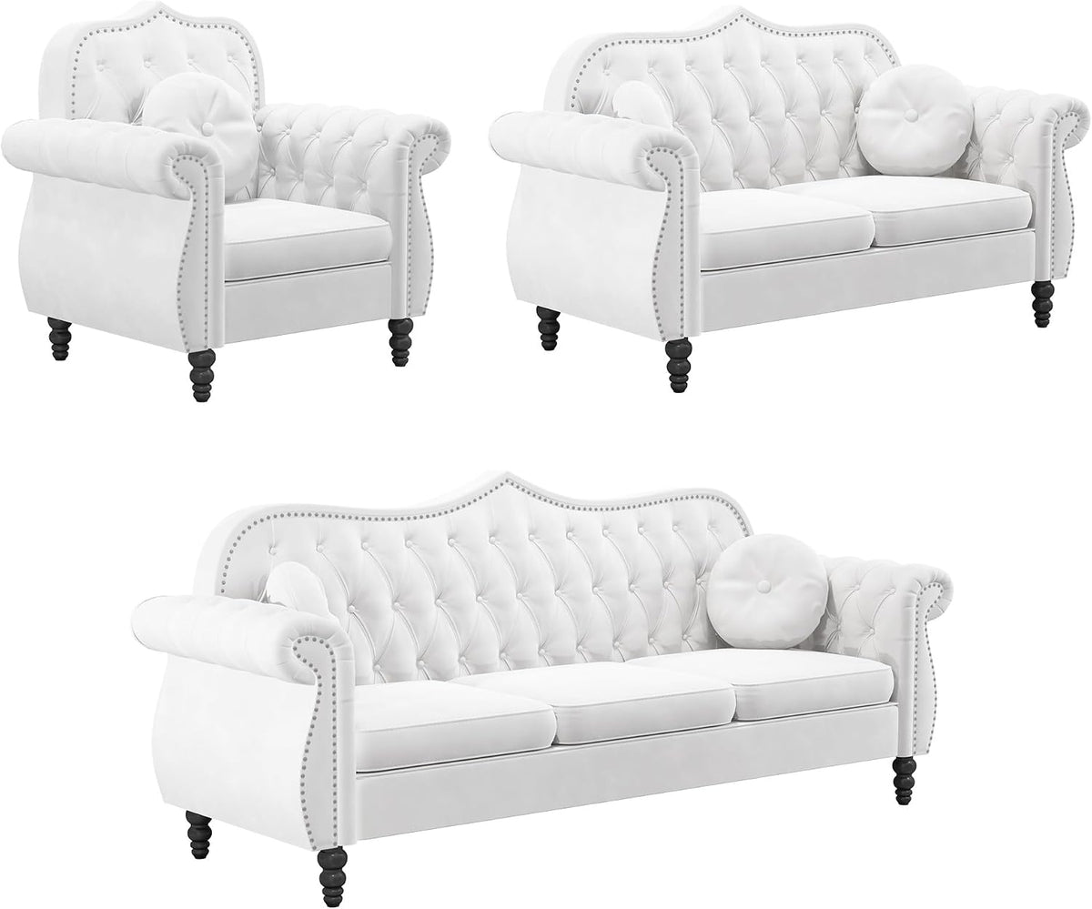 3-Piece Living Room Sectional Sofa Set, Mid-Century Modern Chesterfield Upholstered Velvet Sofa Couch, Classic Tufted Button White Couch with Nailhead Trim for Living Room, Office (White)