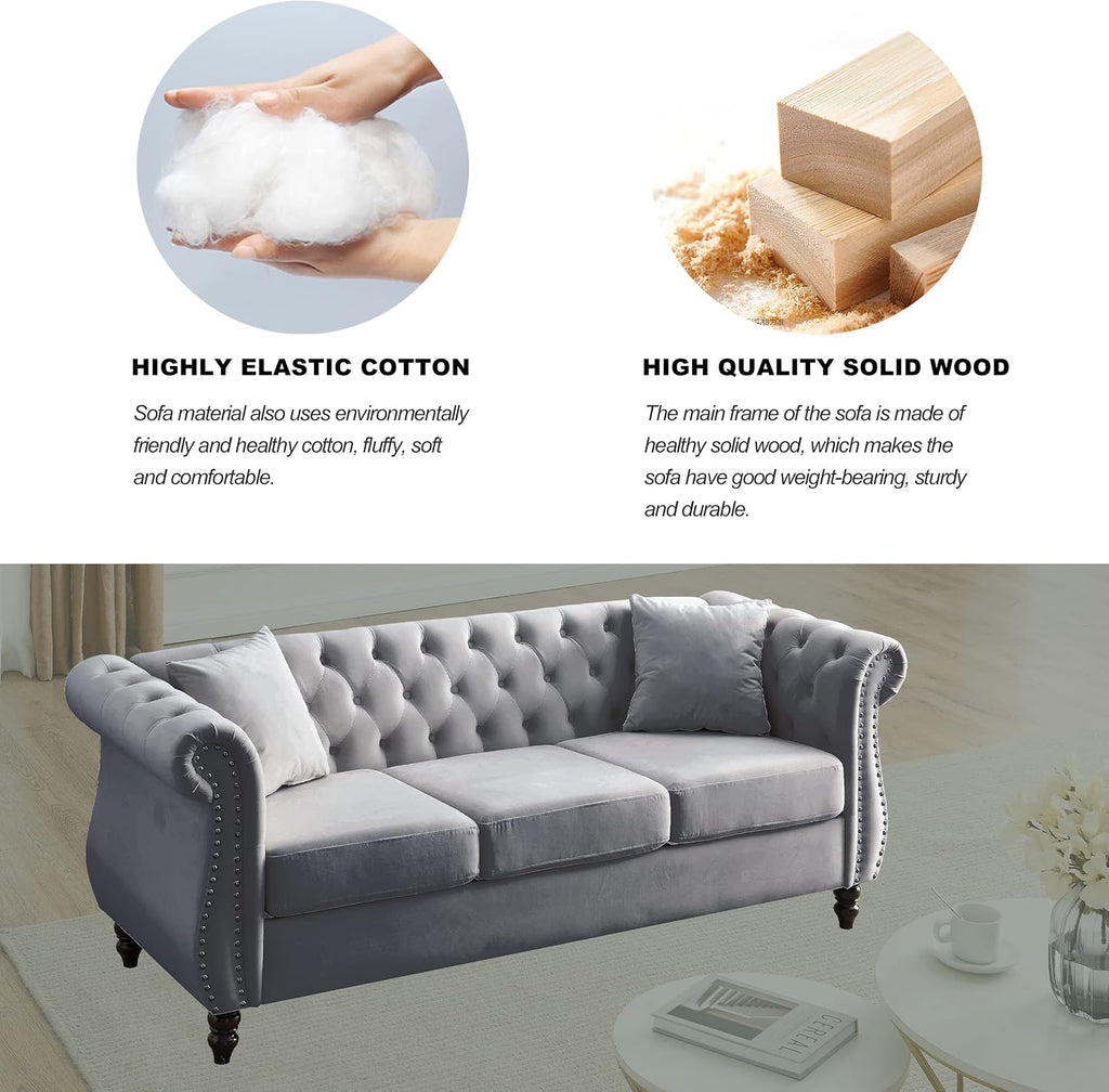80" 2 Piece 3-Seater Velvet Chesterfield Sofa for Living Room,Combination Sofa with 4 Pillows,Button Tufted Trimming Curved Backrest Rolled Arms with Black Legs (Grey, 80" 3+3 Seat Velvet Sofa Sets)