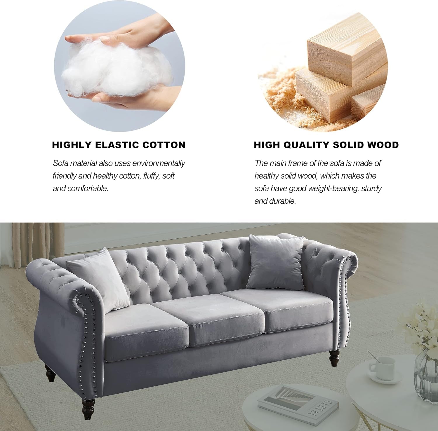 80" 2 Piece 3-Seater Velvet Chesterfield Sofa for Living Room,Combination Sofa with 4 Pillows,Button Tufted Trimming Curved Backrest Rolled Arms with Black Legs (Grey, 80" 3+3 Seat Velvet Sofa Sets)