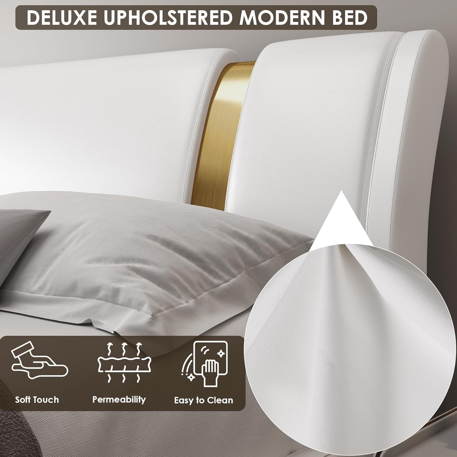 Modern Faux Leather Upholstered Platform Bed Frame with Golden Iron Metal Decor, Adjustable Curved Headboard, Wooden Slats Support, No Box Spring Needed, King Size, White