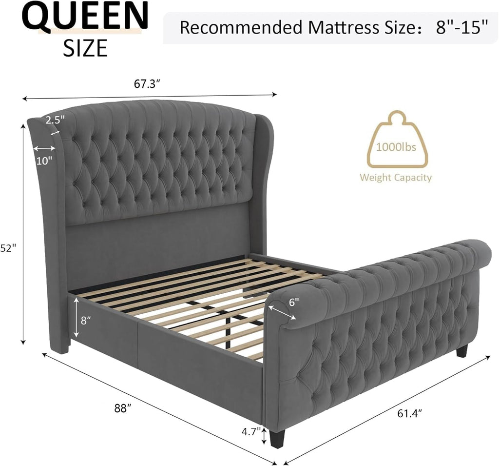 Queen Size Upholstered Sleigh Bed Frame with Wingback Headboard