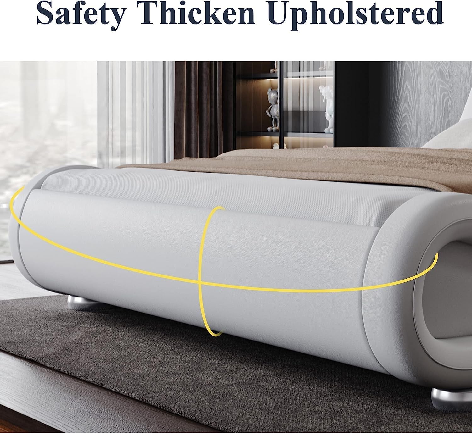 King Upholstered Sleigh Bed Frame with Adjustable Headboard, White