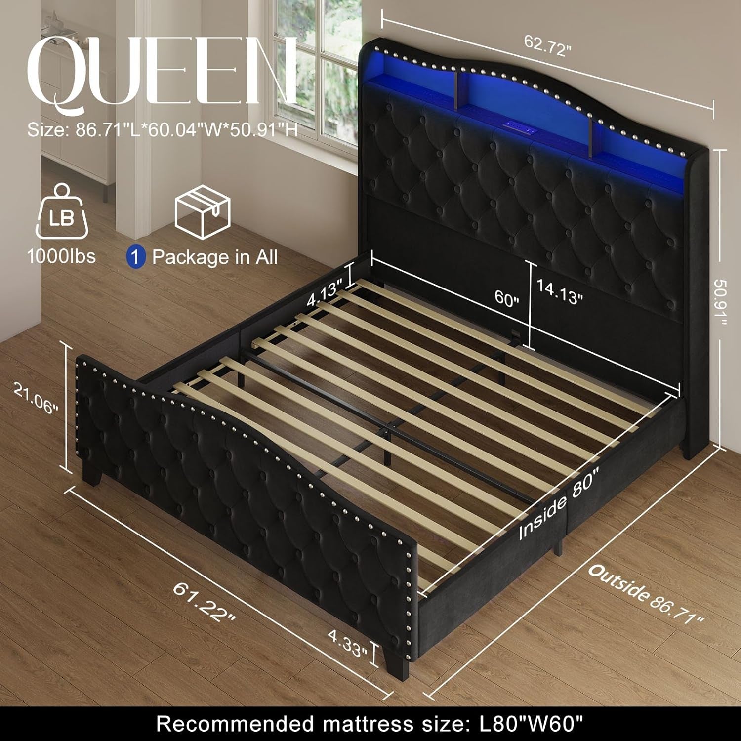 Platform Bed Frame with 50.9" LED Headboard, Queen Black