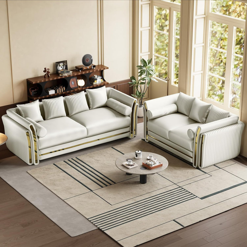 Luxury Chesterfield Loveseat and Sofa Set, Tufted Velvet Gold Couch, White