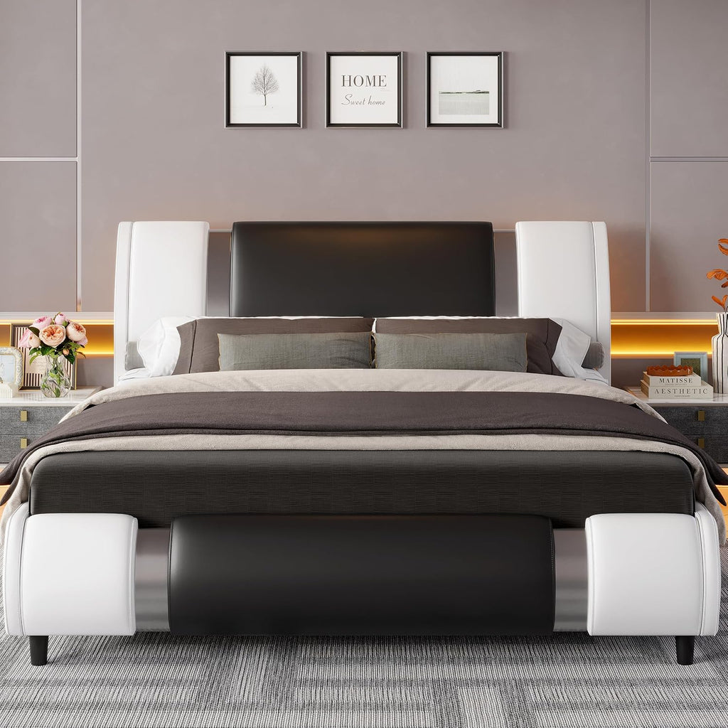 Modern Queen Size Bed Frame with Mirror Metal Decoration, Faux Leather Upholstered Platform Bed with Curved Headboard, Wooden Slats Support, No Box Spring Needed, Whiteblack
