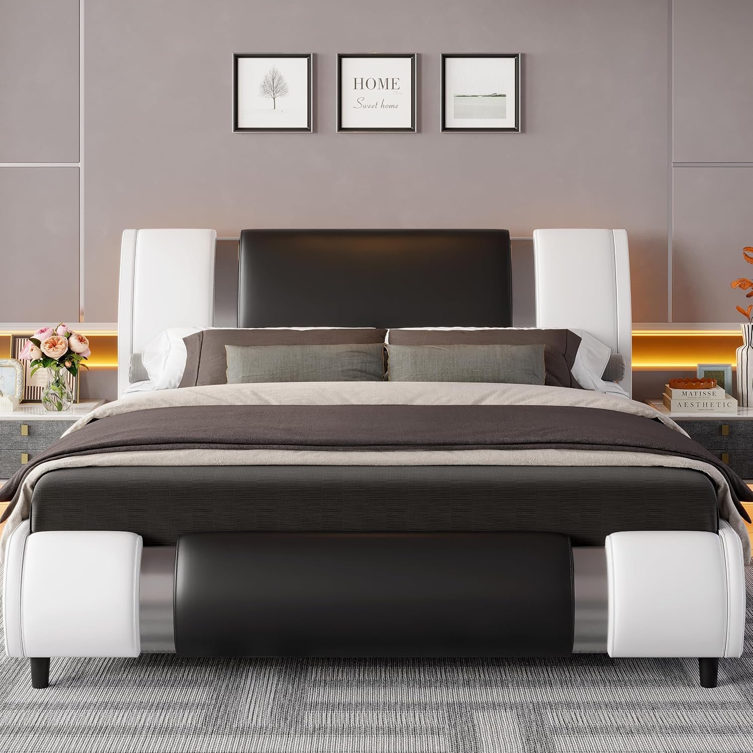 Modern Queen Size Bed Frame with Mirror Metal Decoration, Faux Leather Upholstered Platform Bed with Curved Headboard, Wooden Slats Support, No Box Spring Needed, Whiteblack