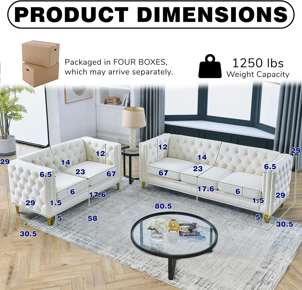 2 Pieces Beige 81" 3-Seater Velvet Sofa Set, Buttons Tufted and Square Arm, Inlaid Gold Nail Heads and 4 Golden Metal Legs for Living Room
