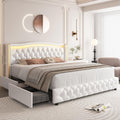 Upholstered Queen Size Bed Frame with LED Light & Storage, White PU Leather