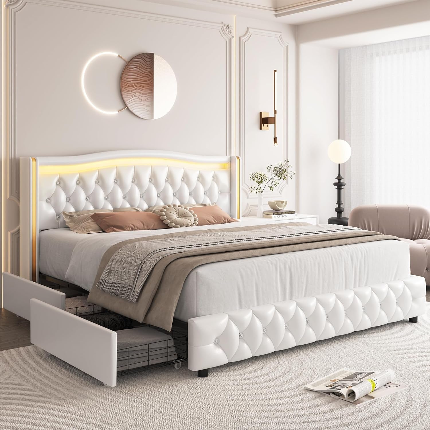 Upholstered Queen Size Bed Frame with LED Light & Storage, White PU Leather