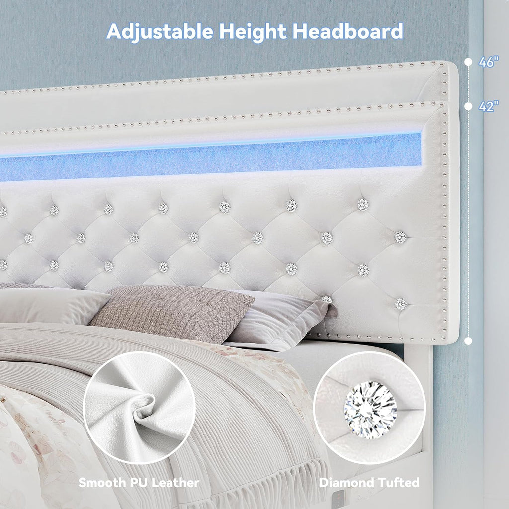 Queen LED Bed Frame with Adjustable Headboard & 2 Drawers, PU White