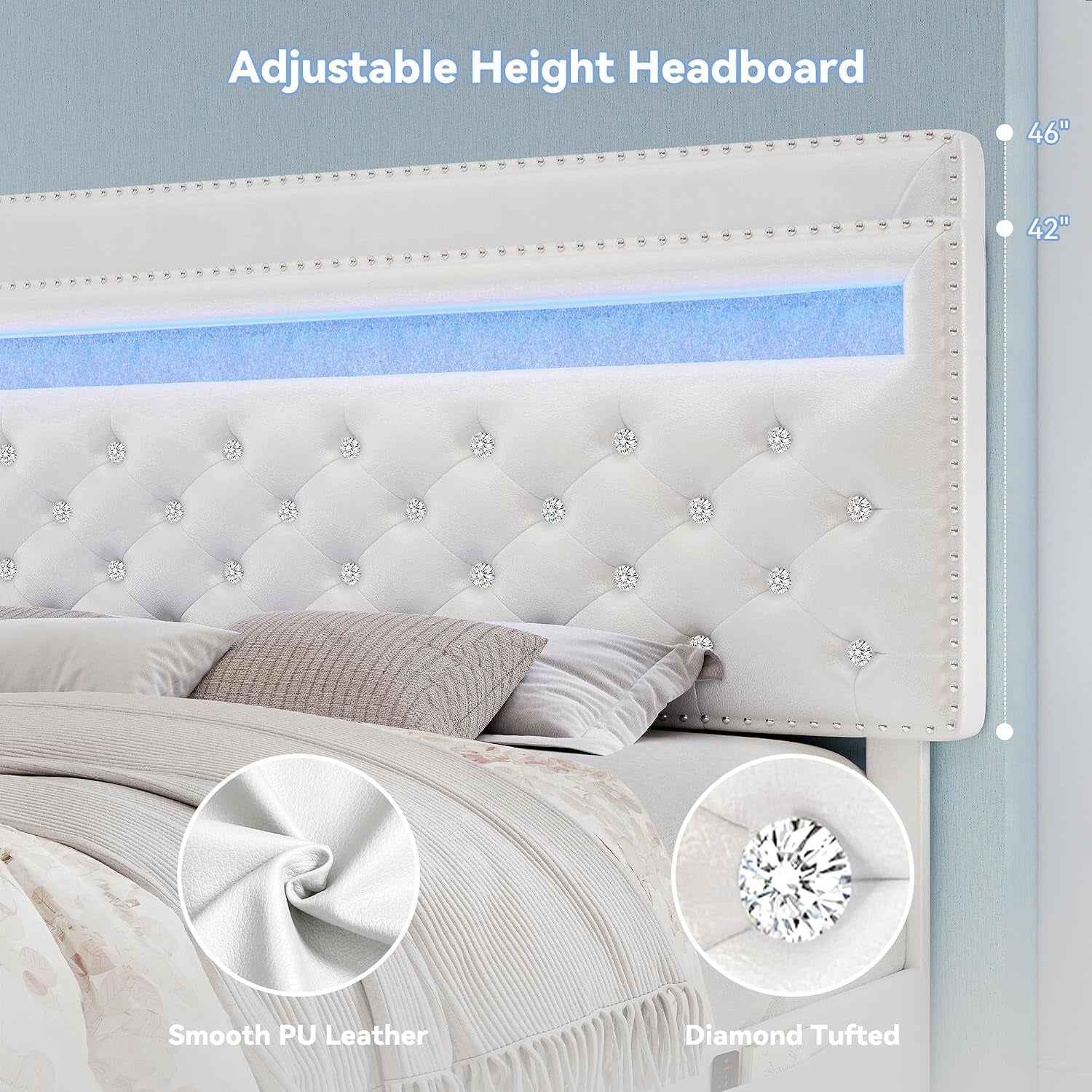 Queen LED Bed Frame with Adjustable Headboard & 2 Drawers, PU White