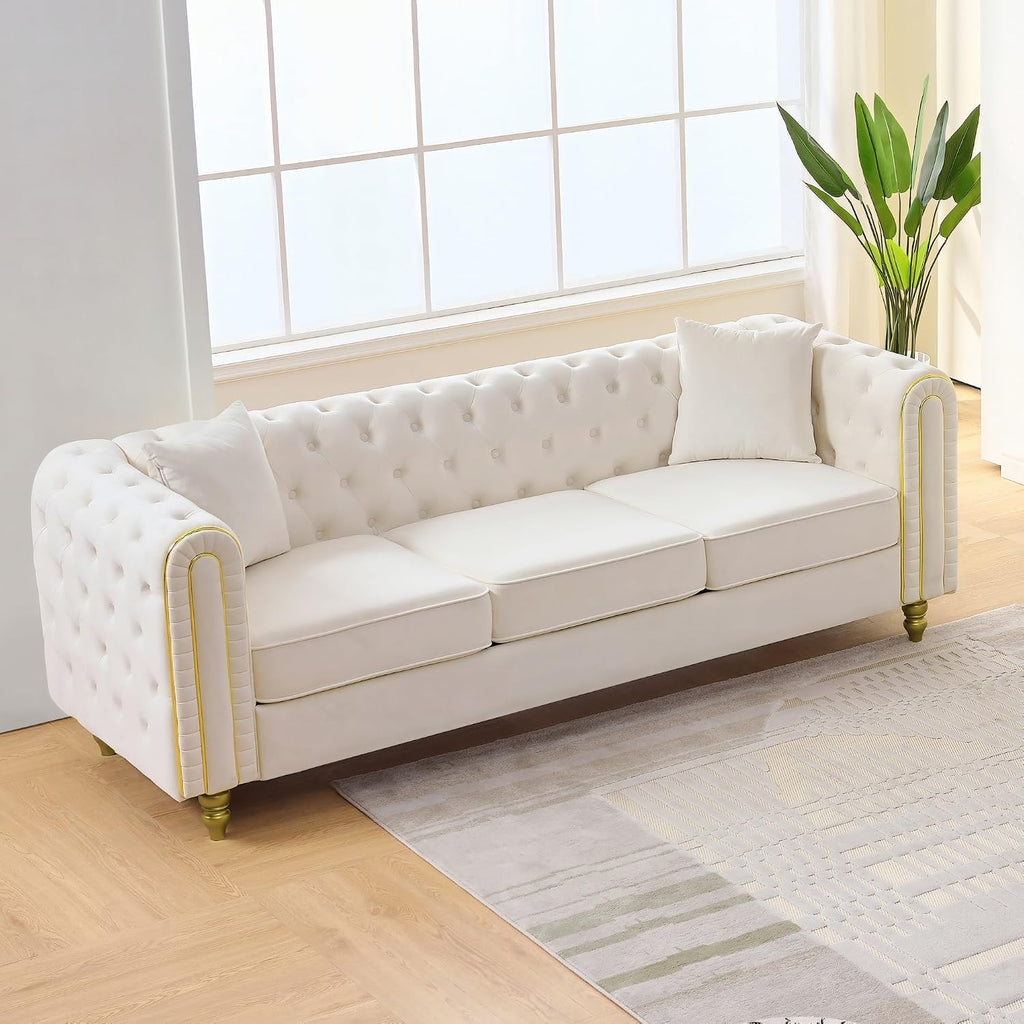 Velvet Chesterfield Button Tufted Sofa Set, 2 Pcs Modern 3 Seater Couch with Golden Legs & High-Density Cushion, Upholstered Comfy Sofa with Pillows for Living Room, Beige