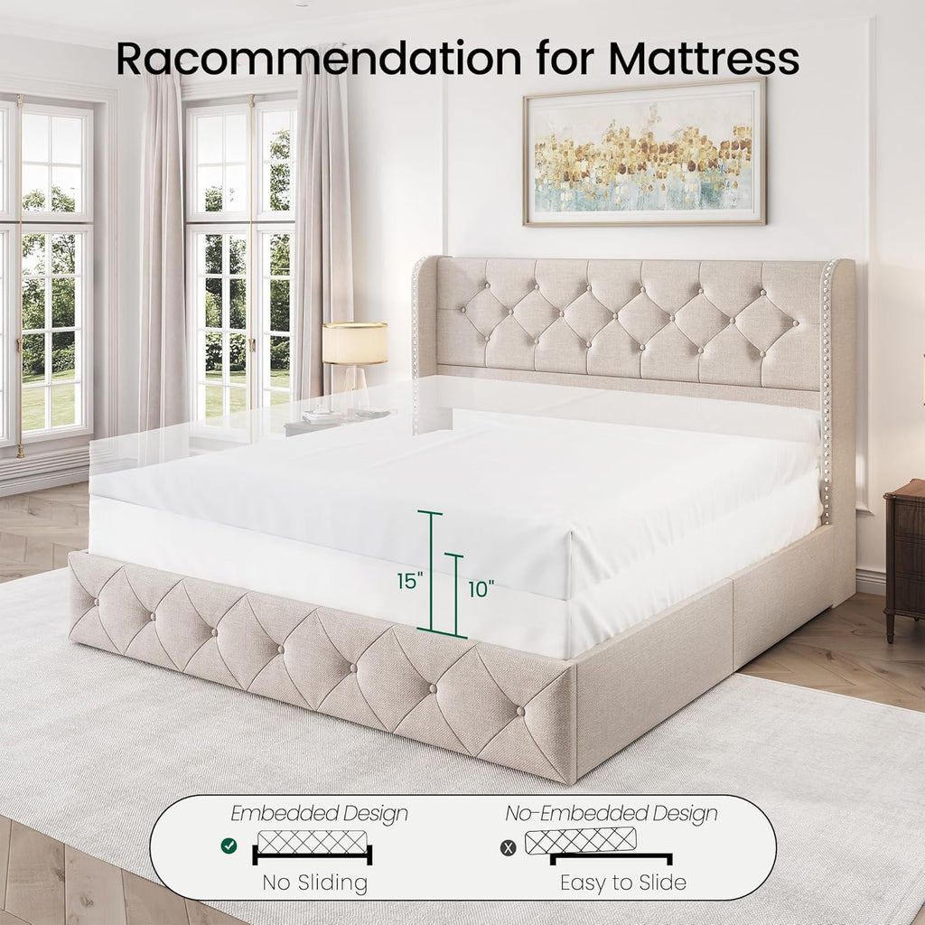 Queen Size Bed Frame with 4 Storage Drawers and 47.2" Tall Tufted Headboard Linen Upholstered Platform Bed Frame Wingback Beds with Wooden Slats Support, Easy Assembly, Beige