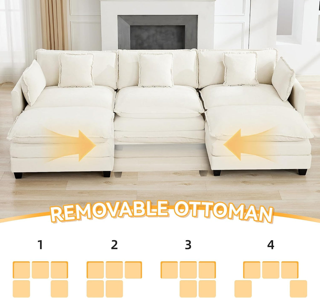 111'' Sectional Cloud Deep Seat Couch, Oversized Chenille U Shaped Sectional Sofa for Living Room Set, Comfy Upholstered Modular 5-Seats Sectional Sofa Couch with 2 Movable Ottoman, Beige