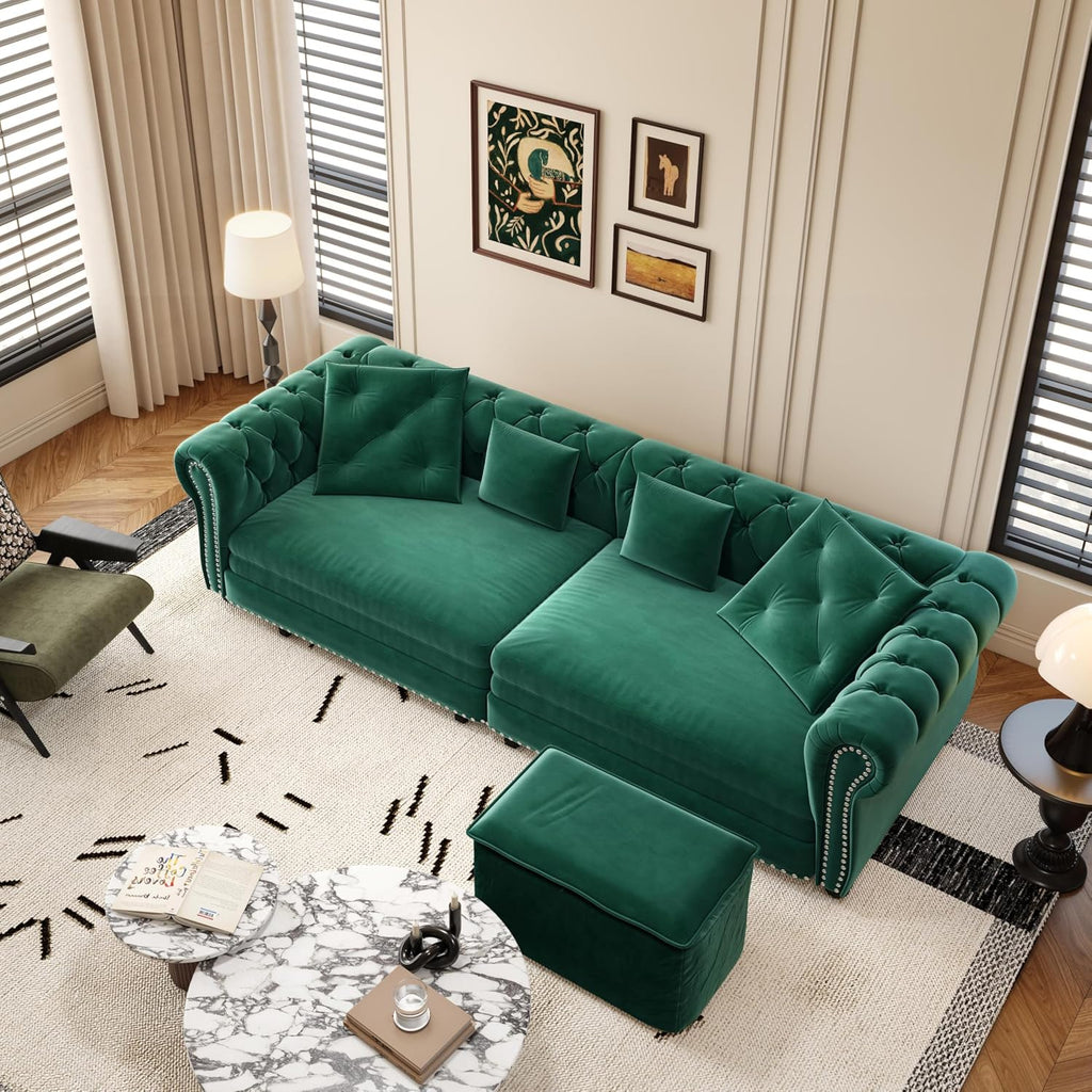 89" King Size Sleeper Sofa Bed, 3-In-1 Convertible Pull Out Chesterfield Sleeper Couch with Ottoman, Oversized Velvet Button Tufted L Shaped Sofa for Living Room Small Spaces (Green)