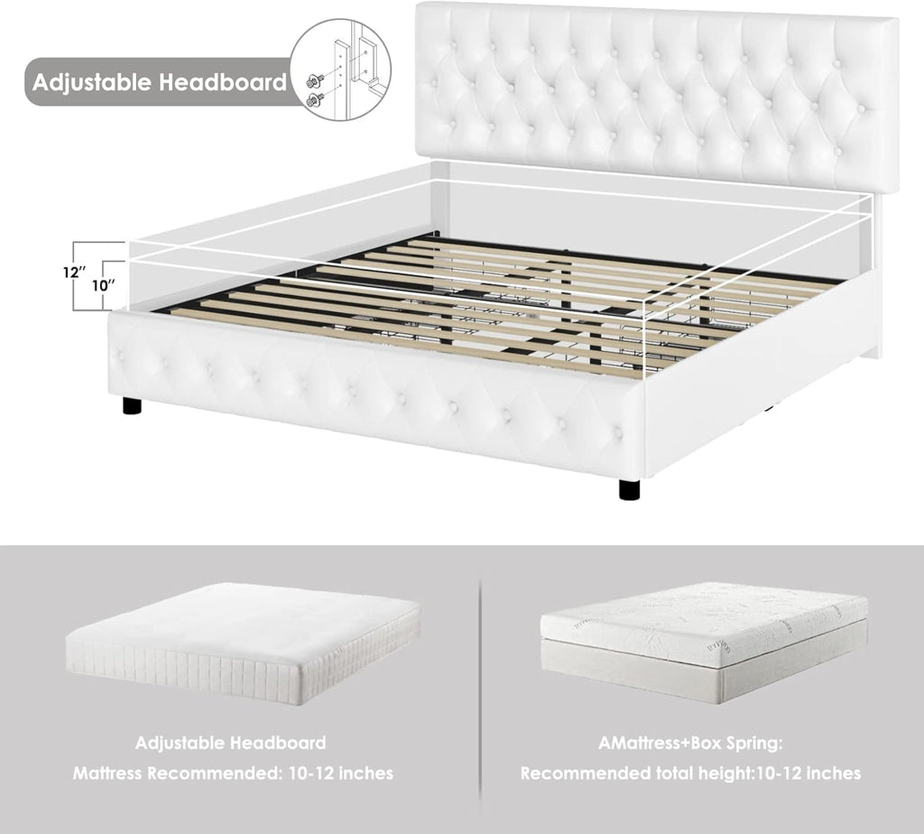 Queen Size Upholstered Platform Bed Frame with 4 Storage Drawers, Modern White Faux Leather Bed with Adjustable Button Tufted Headboard, Solid Wooden Slat Support, Easy Assembly