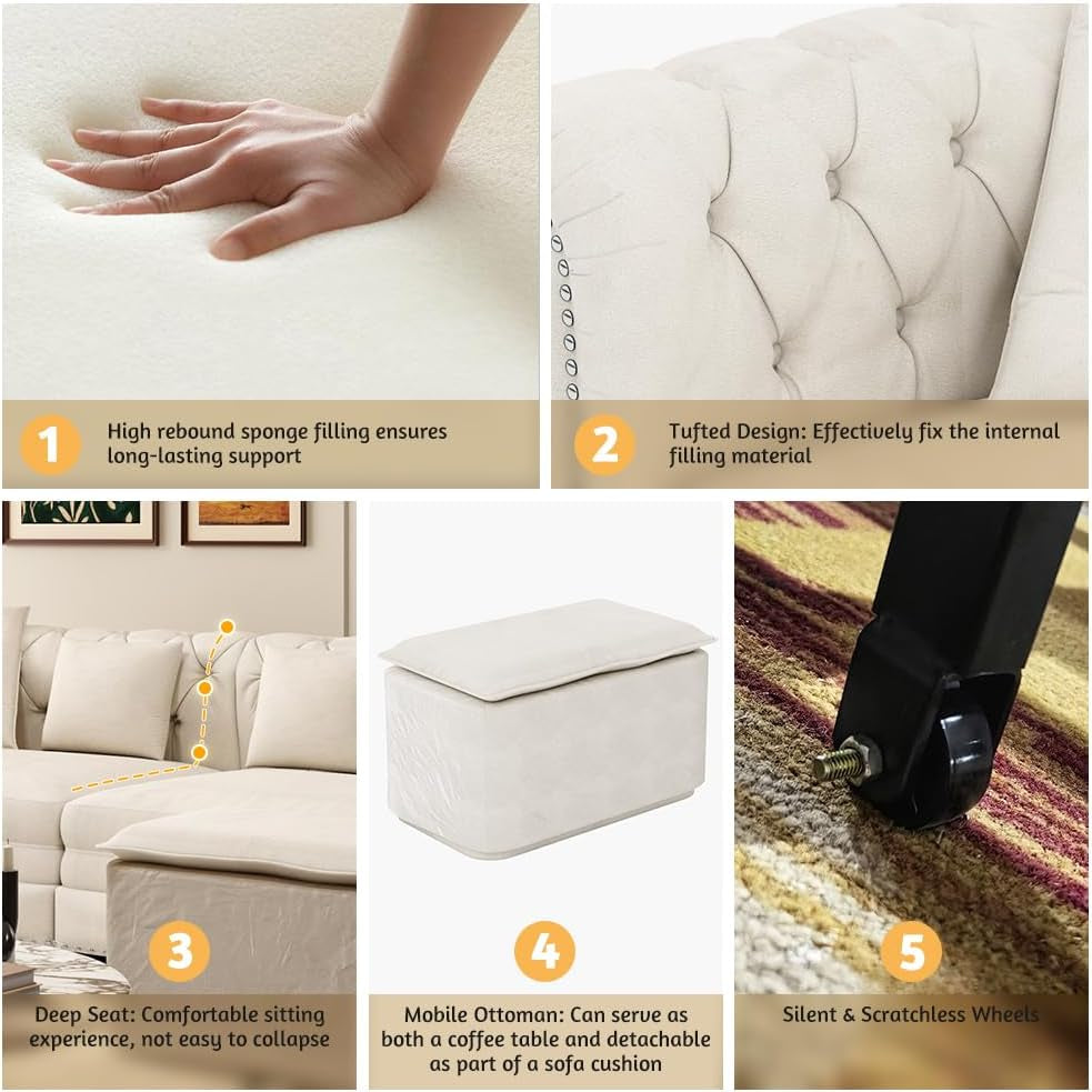 89" King Size Sleeper Sofa Bed, 3-In-1 Convertible Pull Out Chesterfield Sleeper Couch with Ottoman, Oversized Velvet Button Tufted L Shaped Sofa for Living Room Small Spaces, Beige White