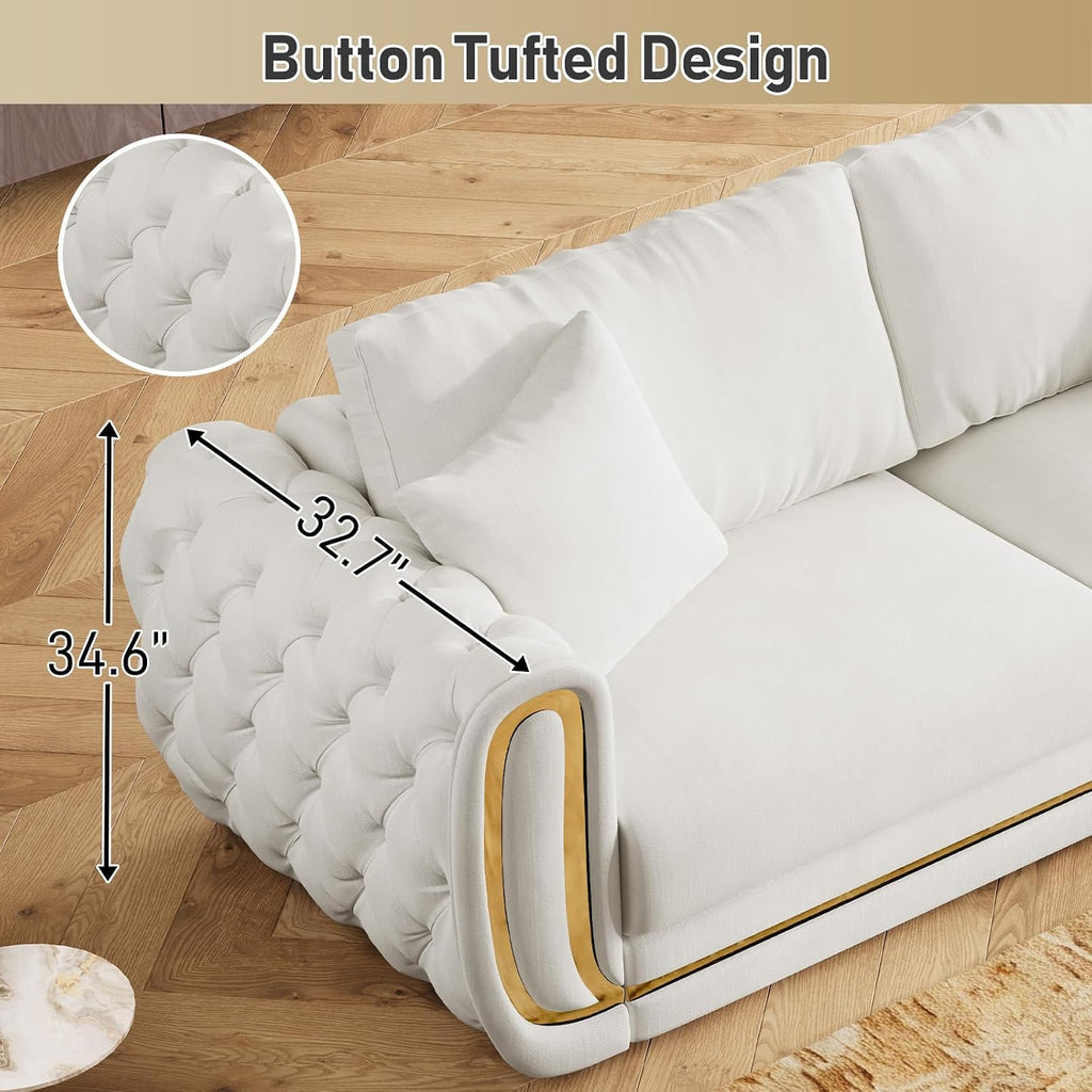 86"&86" Luxury Oversized Velvet Chesterfield Sofa Set,Beige and Gold Couch
