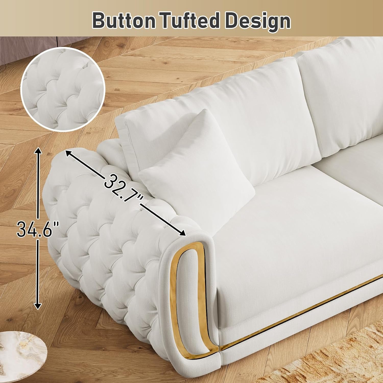 86"&86" Luxury Oversized Velvet Chesterfield Sofa Set,Beige and Gold Couch