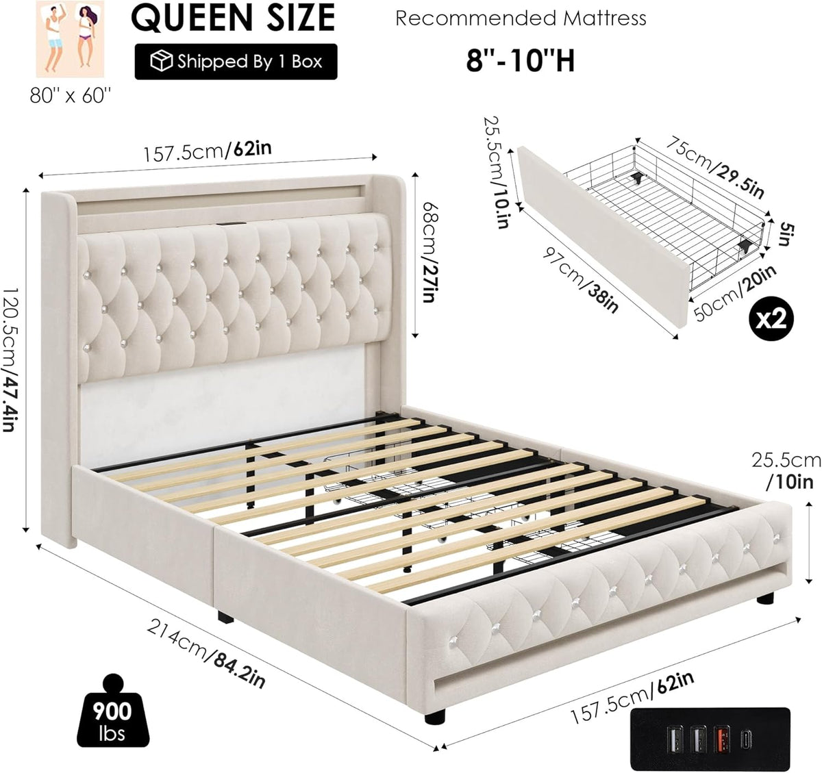 Upholstered Queen LED Bed Frame W/Storage & Charging Headboard, Beige