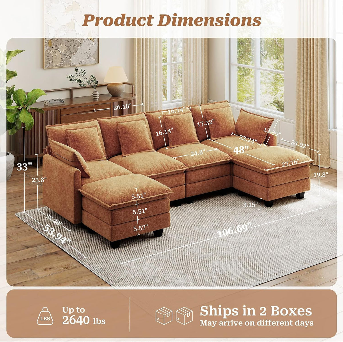 107" Modular Sectional Cloud Sofa, U Shaped 6 Seat Chenille Couch with Movable Ottomans and 48" Deep Seat, Convertible Couches for Living Room, Orange