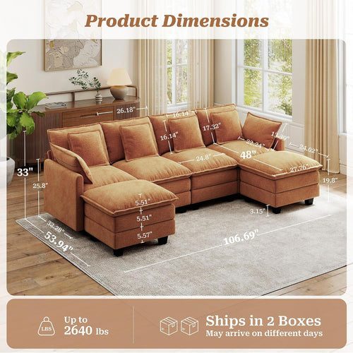 107" Modular Sectional Cloud Sofa, U Shaped 6 Seat Chenille Couch with Movable Ottomans and 48" Deep Seat, Convertible Couches for Living Room, Orange