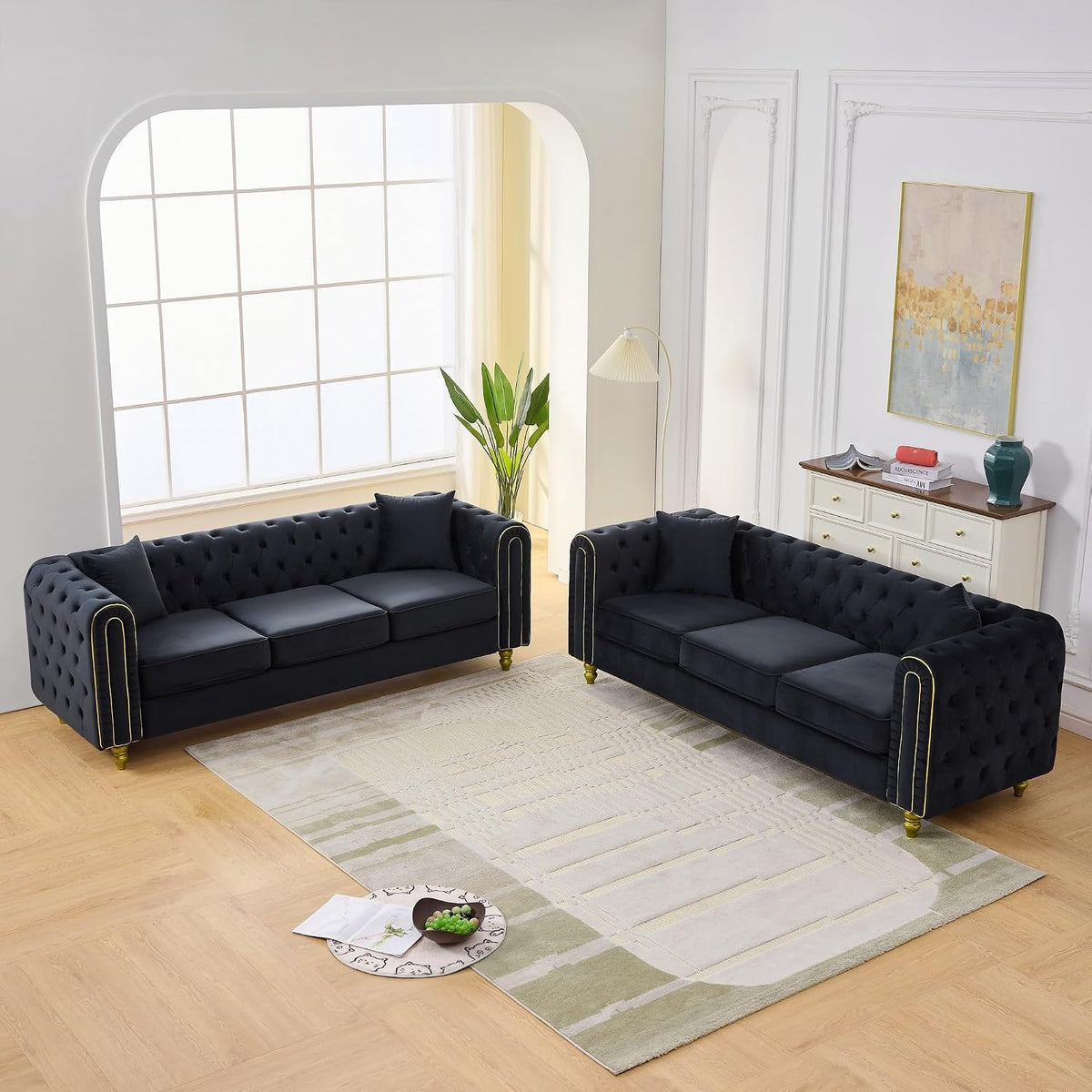 Velvet Chesterfield Button Tufted Sofa Set, 2 Pcs Modern 3 Seater Couch with Golden Legs & High-Density Cushion, Upholstered Comfy Sofa with Pillows for Living Room, Black