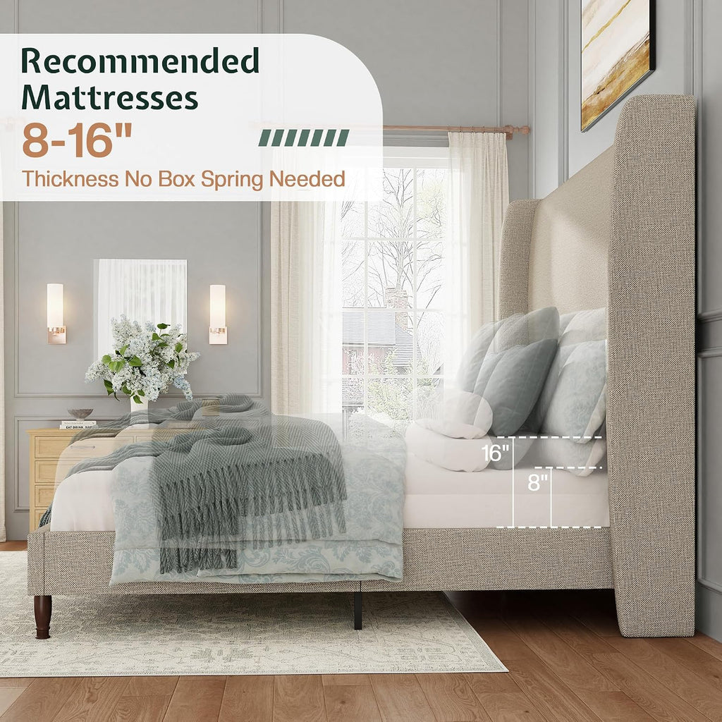 Bed Frame Queen Size Tall Wingback Headboard Upholstered, Brown