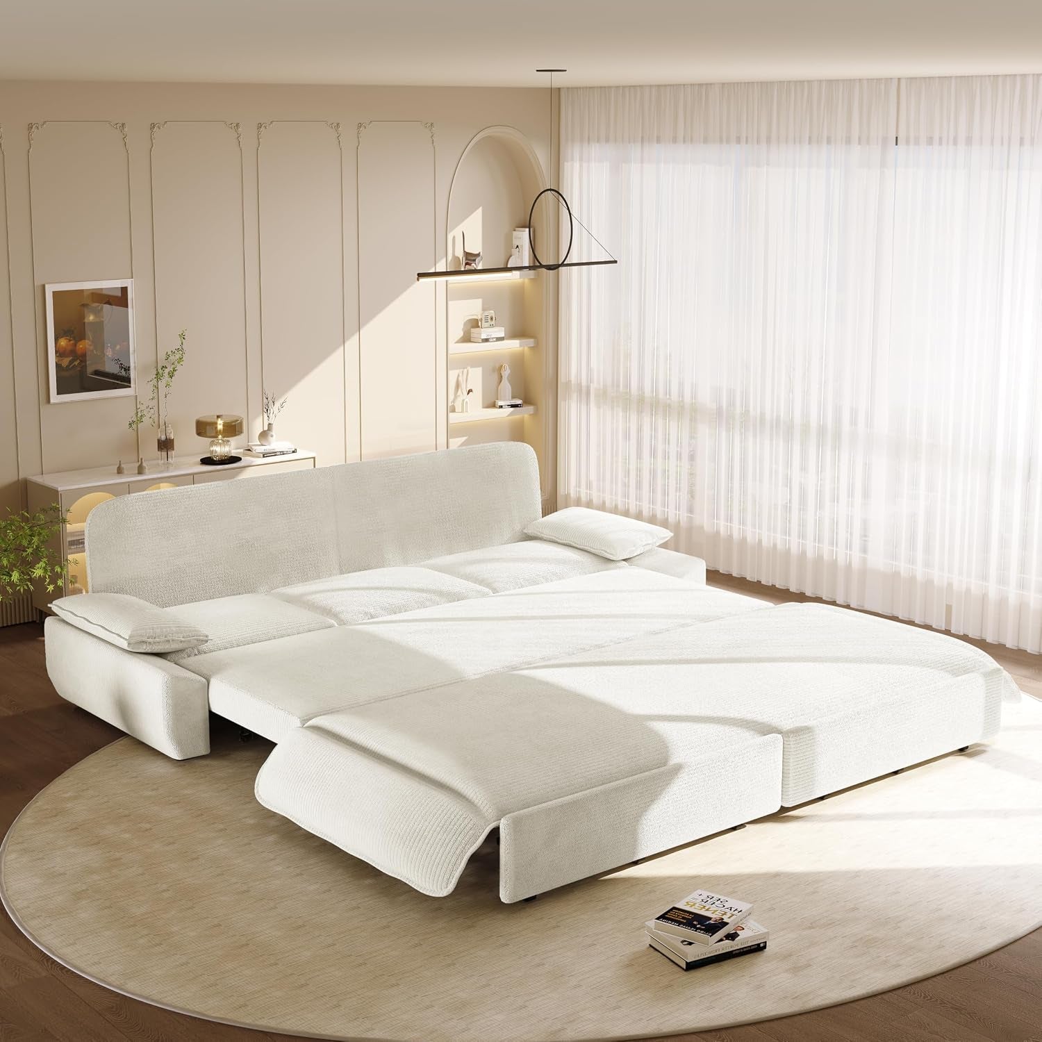 94.5" King-Size 3-In-1 Convertible Sleeper Sofa, Oversized Pull-Out Couch with Cloud-Style Deep Seat, Corduroy Reclining Loveseat for Home Theater & Family Living