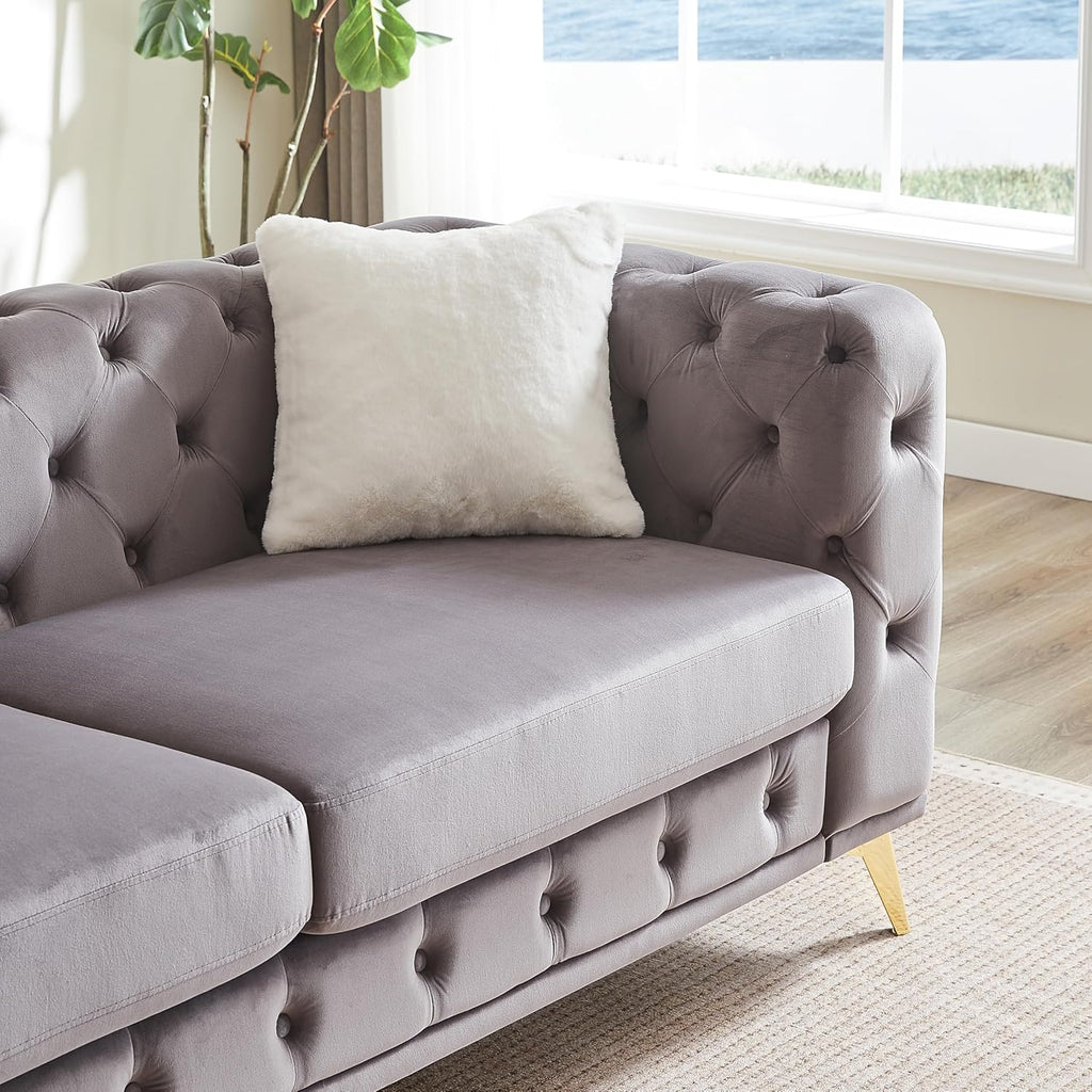 2-Piece Luxury Chesterfield Sofa Set with 2 Velvet 3-Seater Sofa, Mid-Century 6-Seater Tufted Buttons Couch Set with 4 Pillows & High-Density Foam Cushions, Easy Assembly, for Living Room, Grey