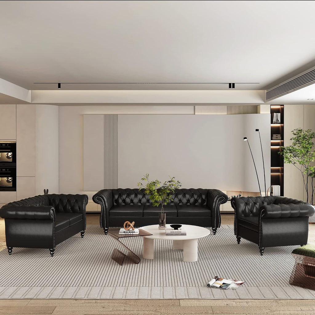 3-Piece Living Room Sectional Sofa Set, Upholstered Sofa Modern Sofa Couches Set Style Button Tufted, PU Chesterfield Sofa for Living Room Apartment, 1+2+3 Seat PU Black