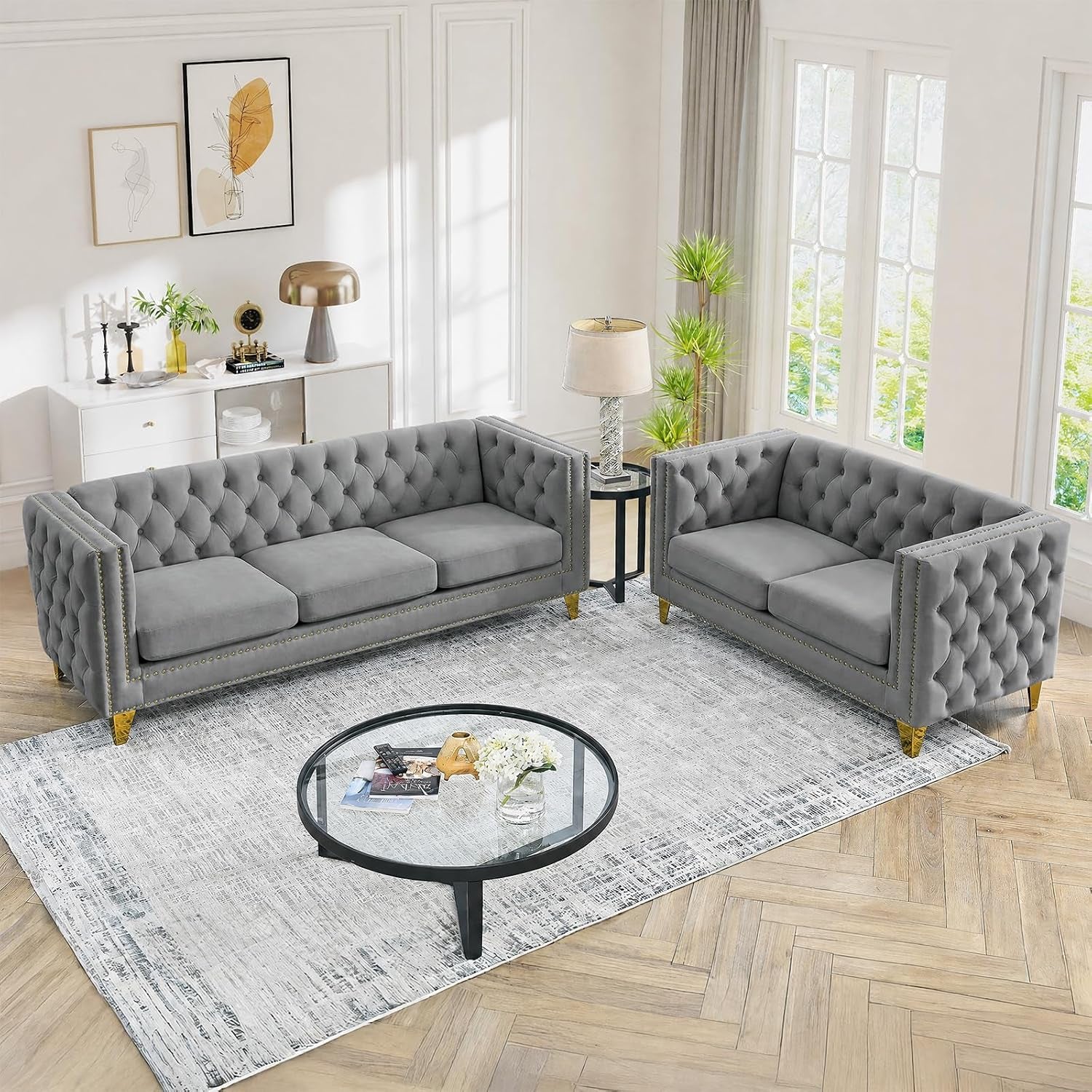 2 Piece Chesterfield Sofa, Velvet Couch and Loveseat Sets with Buttons Tufted, Mid Century Modern Couch with Nailhead Trim & Armrest, Couches for Living Room, Bedroom, Apartment(Grey,58''W+80.5''W)