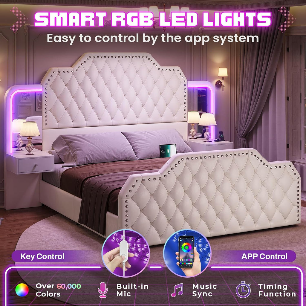 Queen Bed Frame with 53" Tall Headboard and 4 Storage Drawers, PU Leather Upholstered Platform Bed Frame, Built in Charging Station & Led, 2 Nightstands with Mirror, White