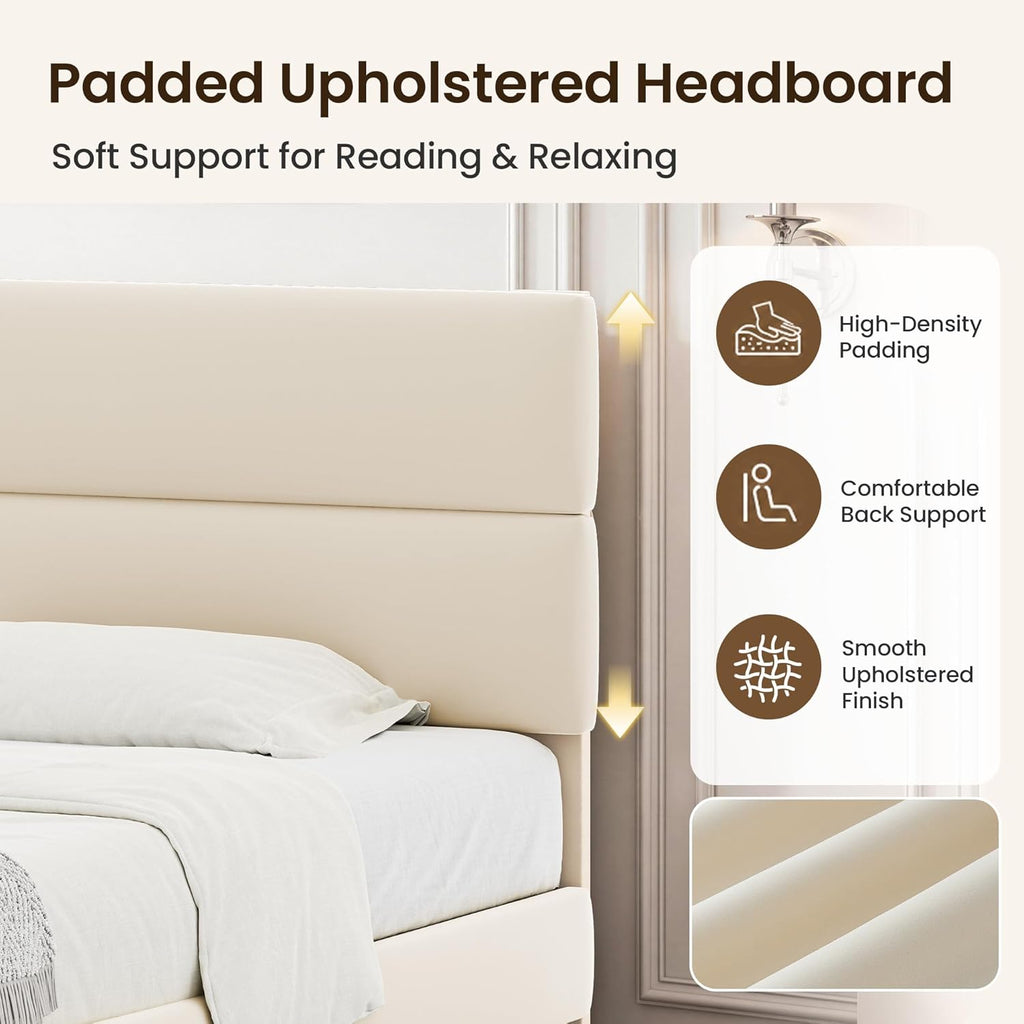 Queen Size Platform Bed Frame with Velvet Headboard, Adjustable Height Wooden Slats Support, Upholstered Mattress Foundation, Fits Mattress or Mattress with Box Spring, Easy Assembly, Beige