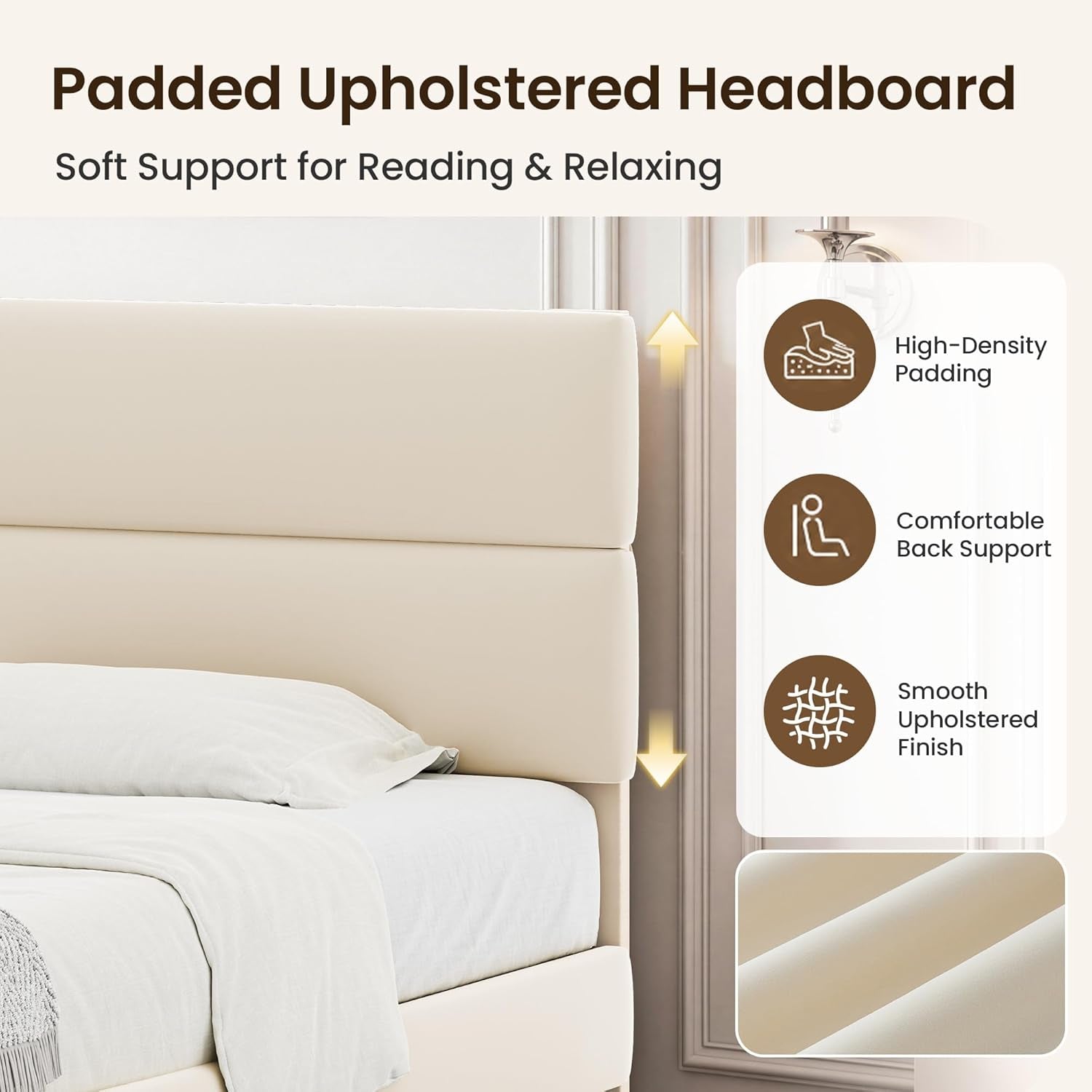 Queen Size Platform Bed Frame with Velvet Headboard, Adjustable Height Wooden Slats Support, Upholstered Mattress Foundation, Fits Mattress or Mattress with Box Spring, Easy Assembly, Beige