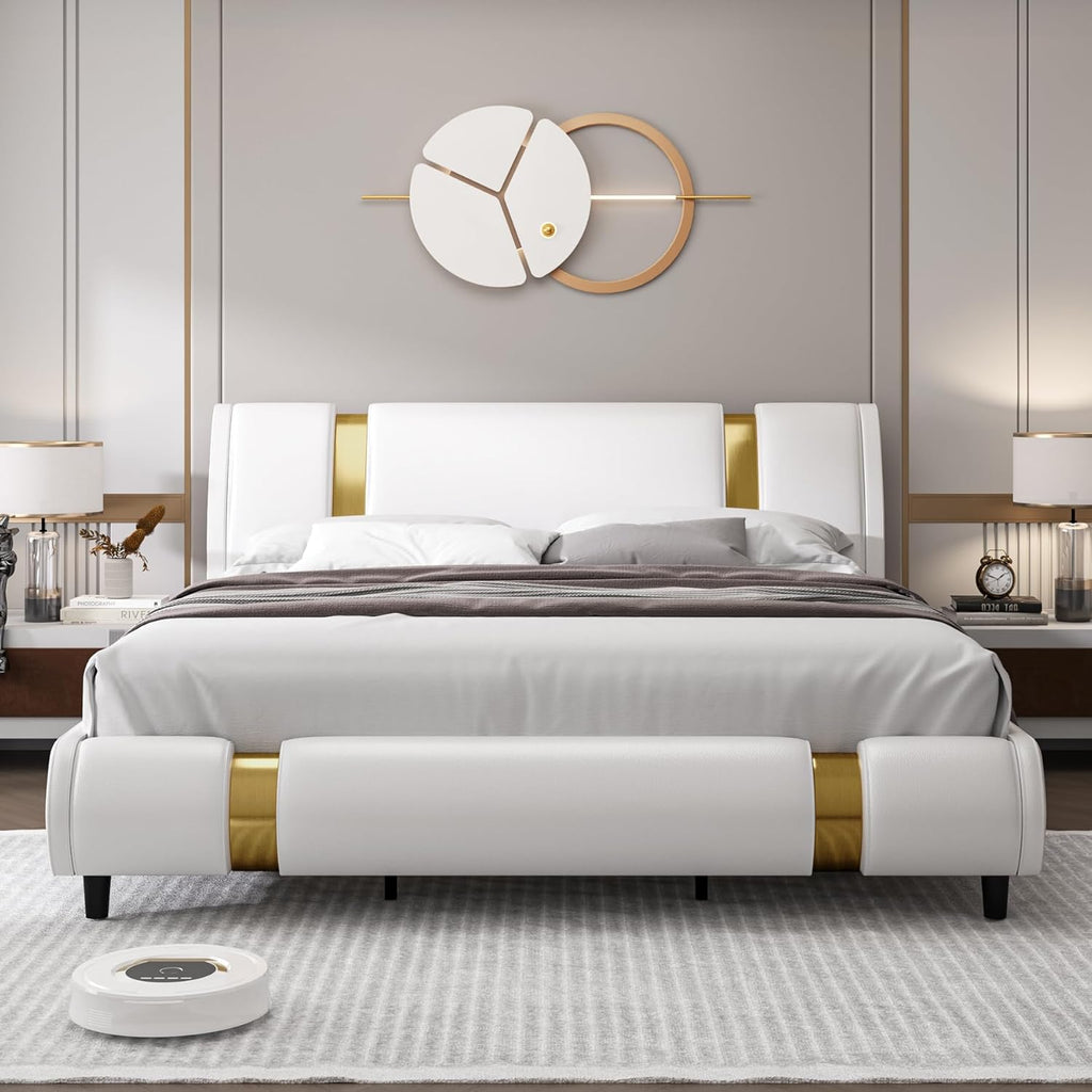 Modern Faux Leather Upholstered Platform Bed Frame with Golden Iron Metal Decor, Adjustable Curved Headboard, Wooden Slats Support, No Box Spring Needed, King Size, White