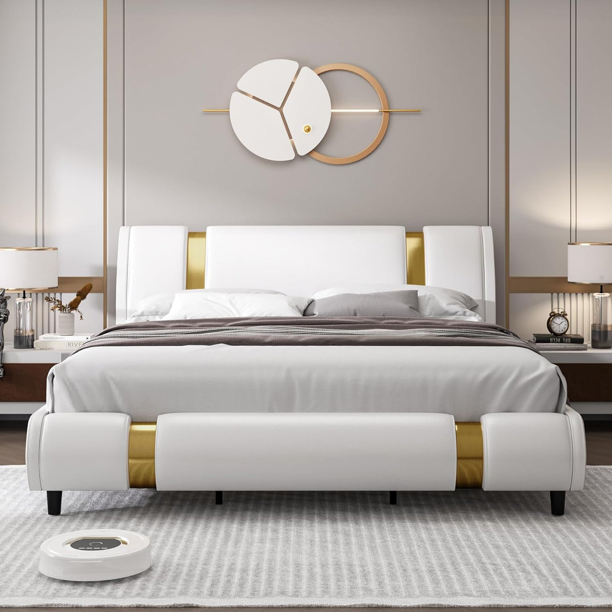 Modern Faux Leather Upholstered Platform Bed Frame with Golden Iron Metal Decor, Adjustable Curved Headboard, Wooden Slats Support, No Box Spring Needed, King Size, White