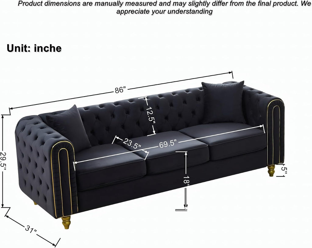 Velvet Chesterfield Button Tufted Sofa Set, 2 Pcs Modern 3 Seater Couch with Golden Legs & High-Density Cushion, Upholstered Comfy Sofa with Pillows for Living Room, Black
